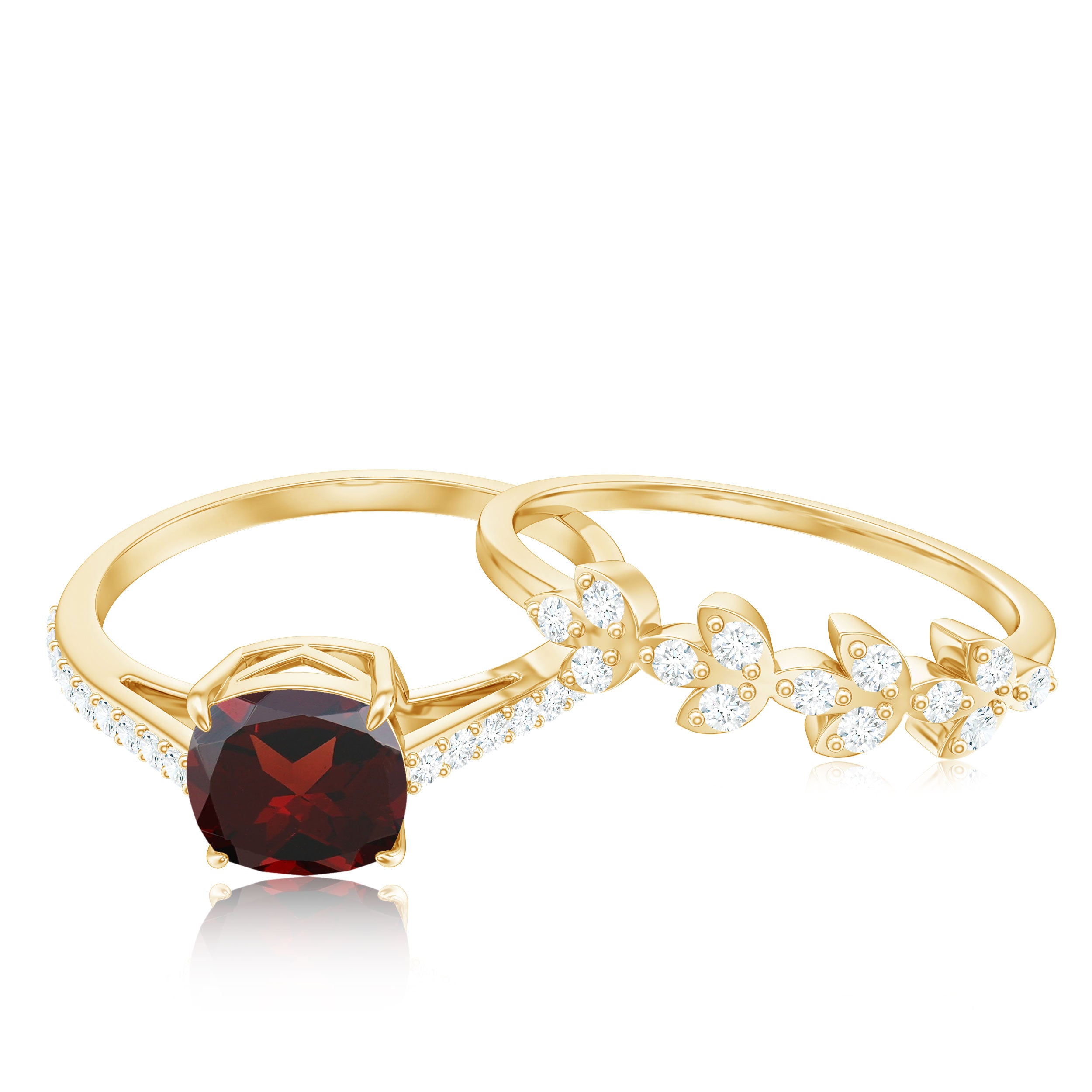 Rosec Jewels-Natural Cushion Cut Garnet Diamond Wedding Bridal Ring Set of 2