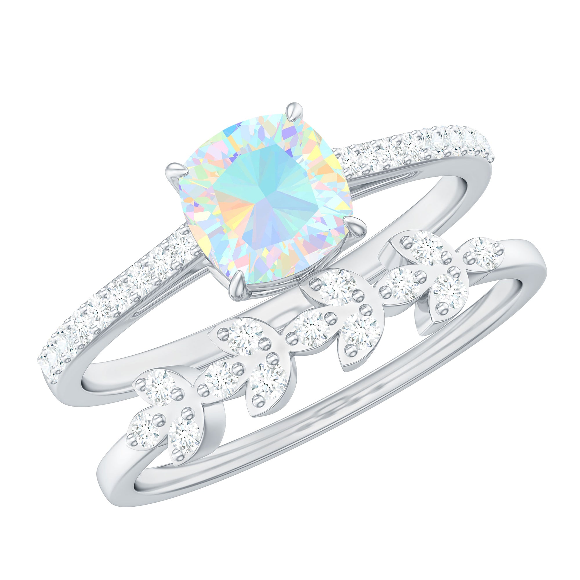 6 mm Cushion Cut Ethiopian Opal Solitaire Ring Set with Diamond Stackable Band