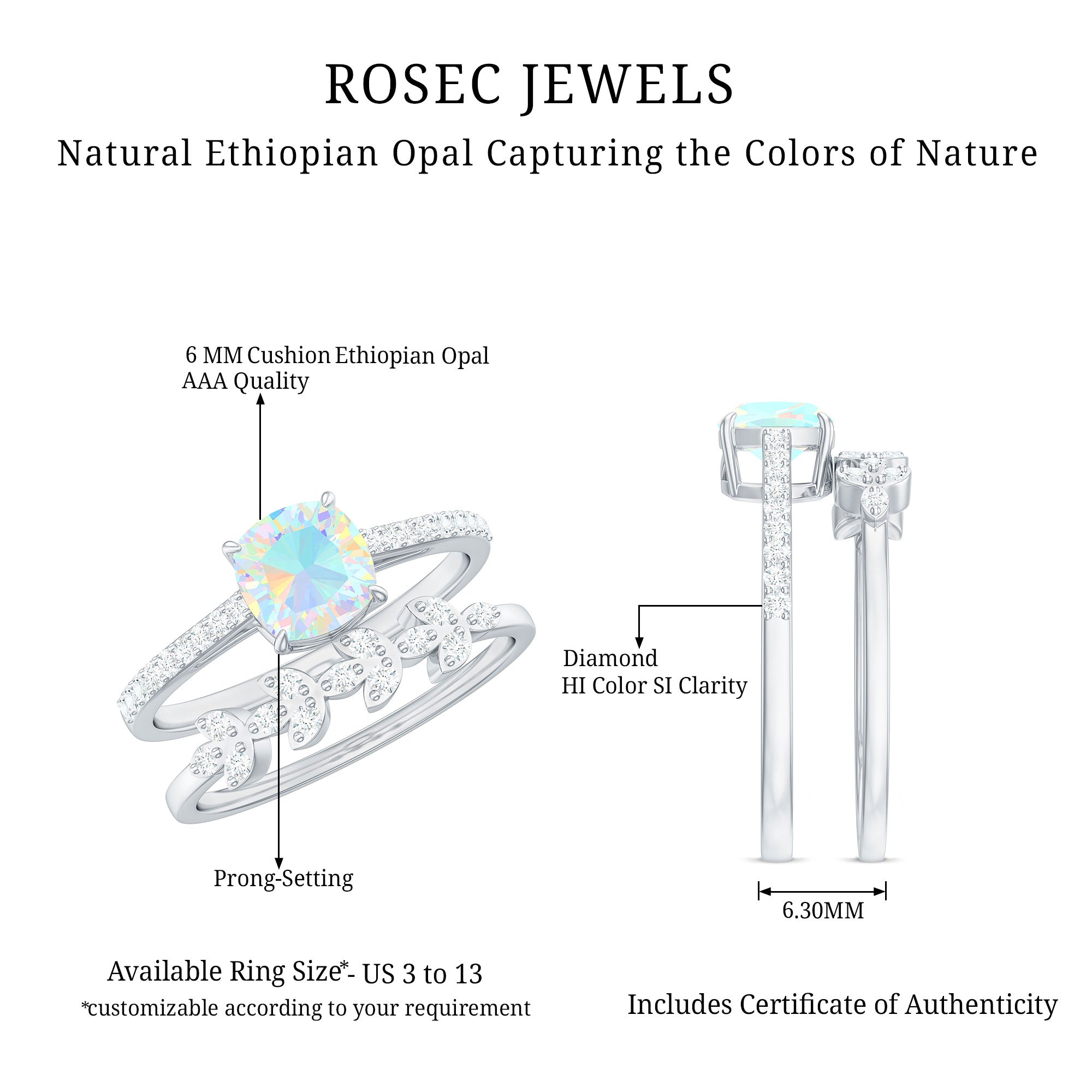 6 mm Cushion Cut Ethiopian Opal Solitaire Ring Set with Diamond Stackable Band AAA - Rosec Jewels
