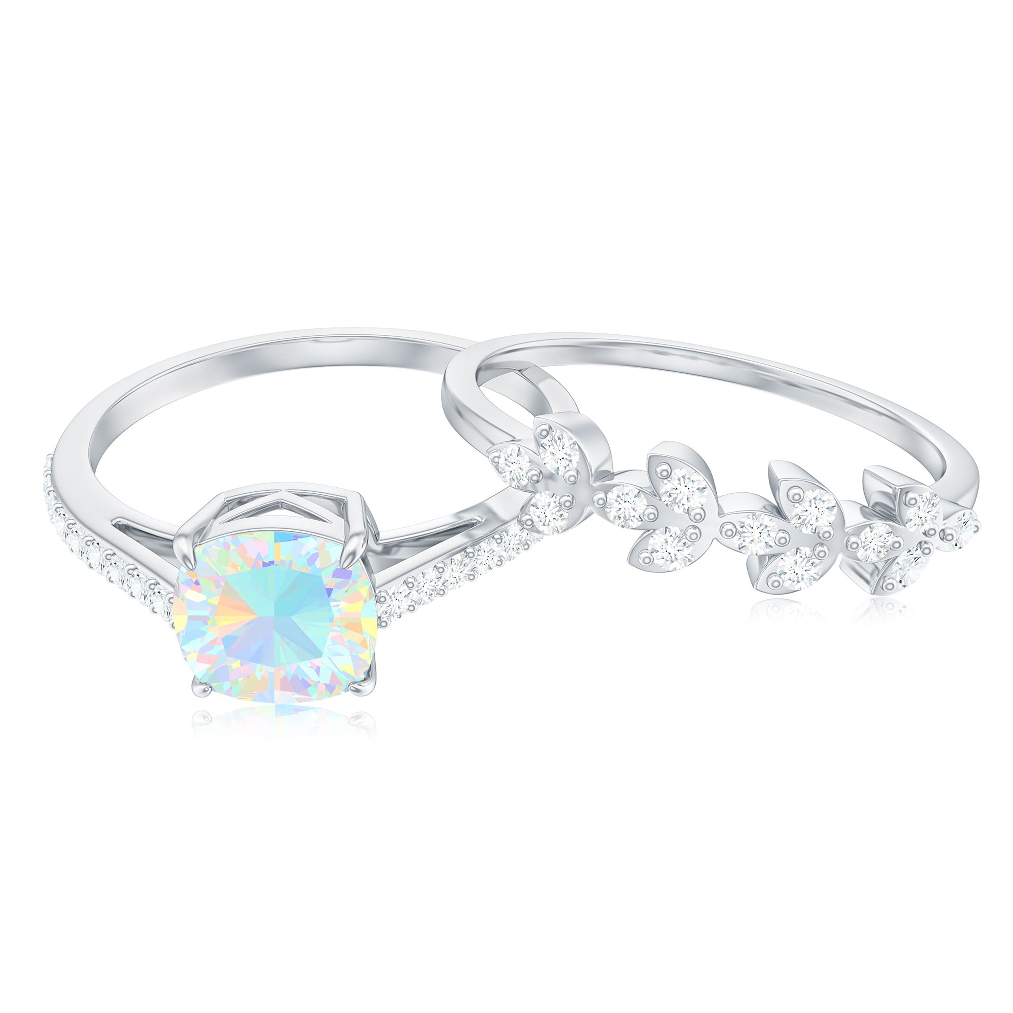 6 mm Cushion Cut Ethiopian Opal Solitaire Ring Set with Diamond Stackable Band AAA - Rosec Jewels