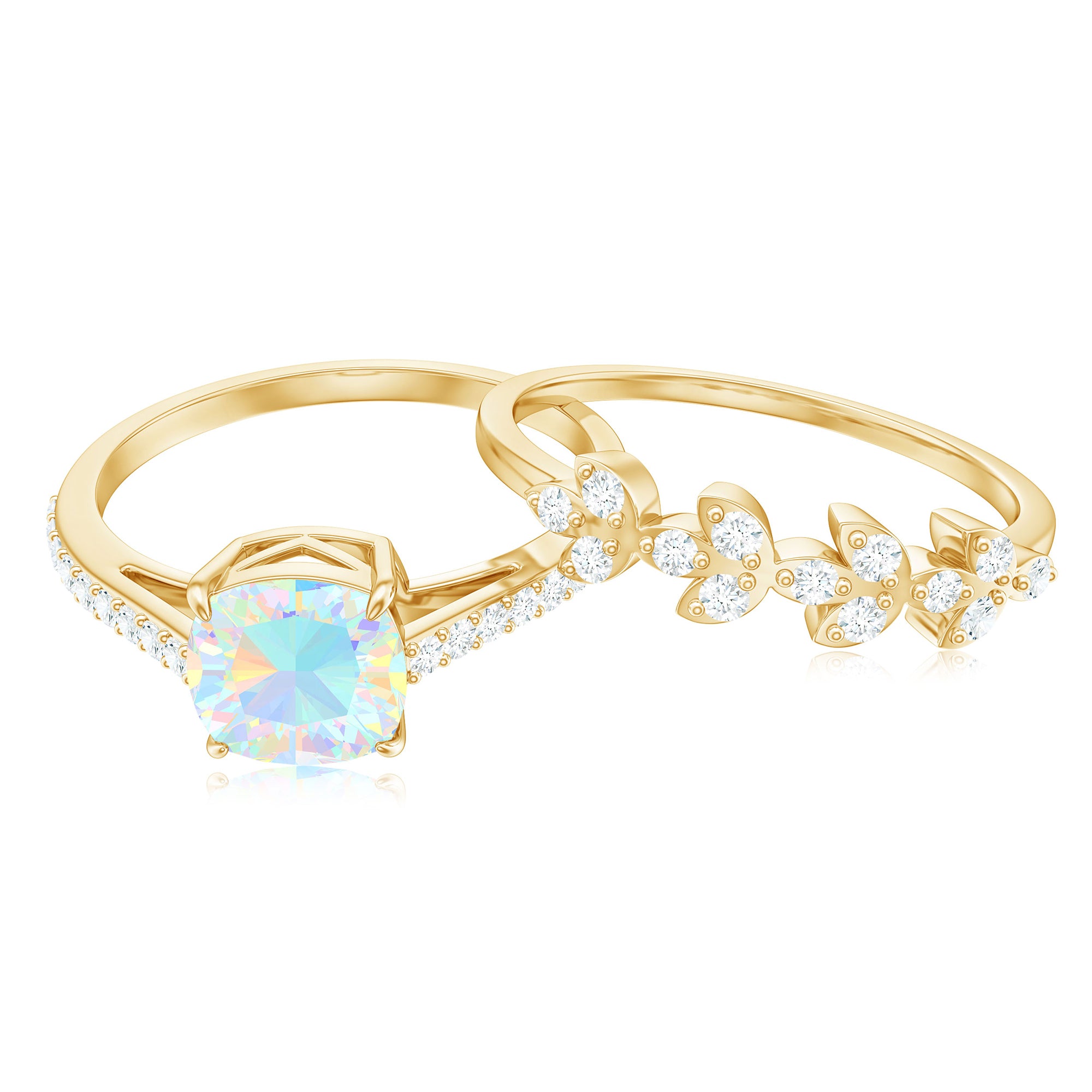 6 mm Cushion Cut Ethiopian Opal Solitaire Ring Set with Diamond Stackable Band AAA - Rosec Jewels