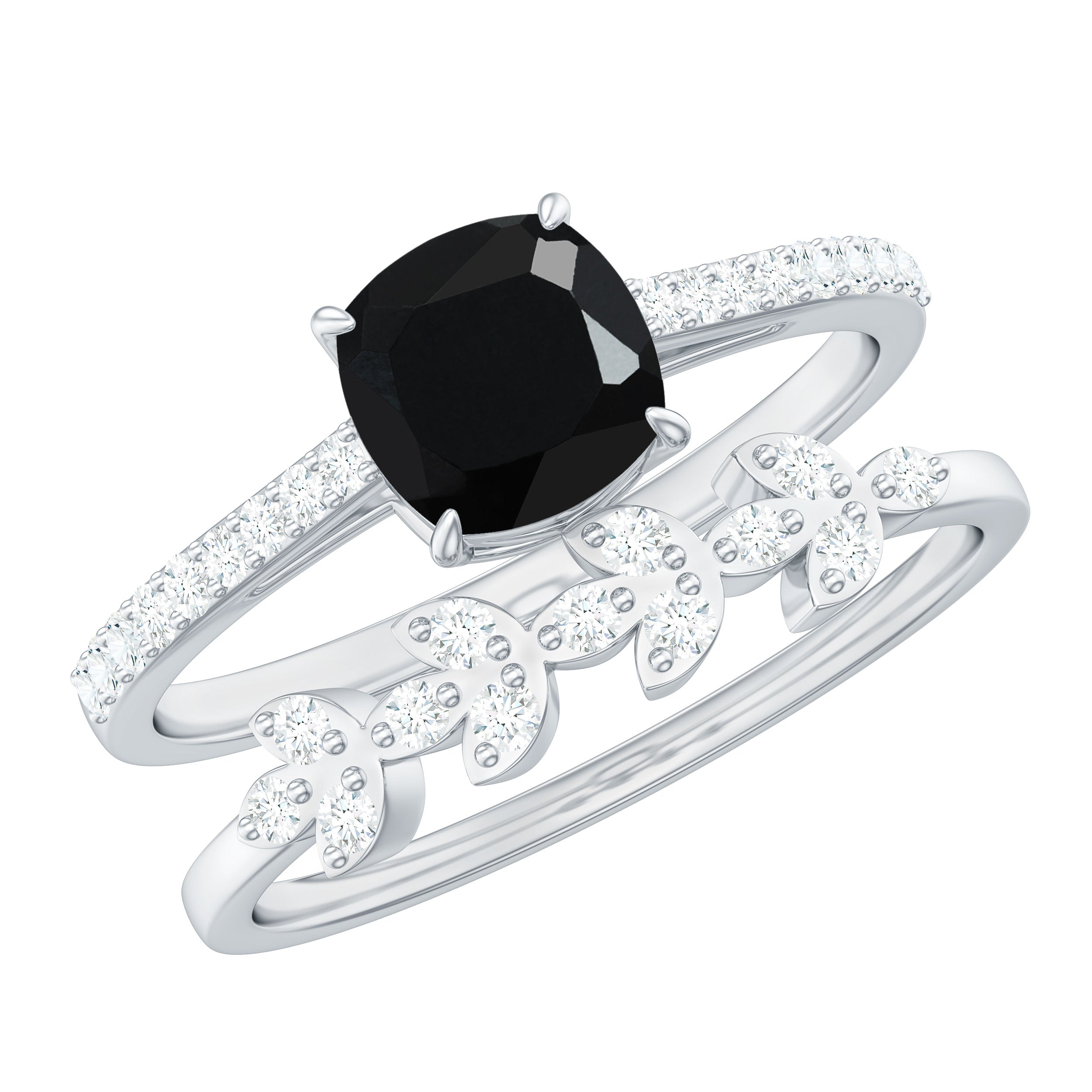 Natural 8mm Black Spinel Diamond Cushion Cut Engagement Ring with Enhancer AAA - Rosec Jewels