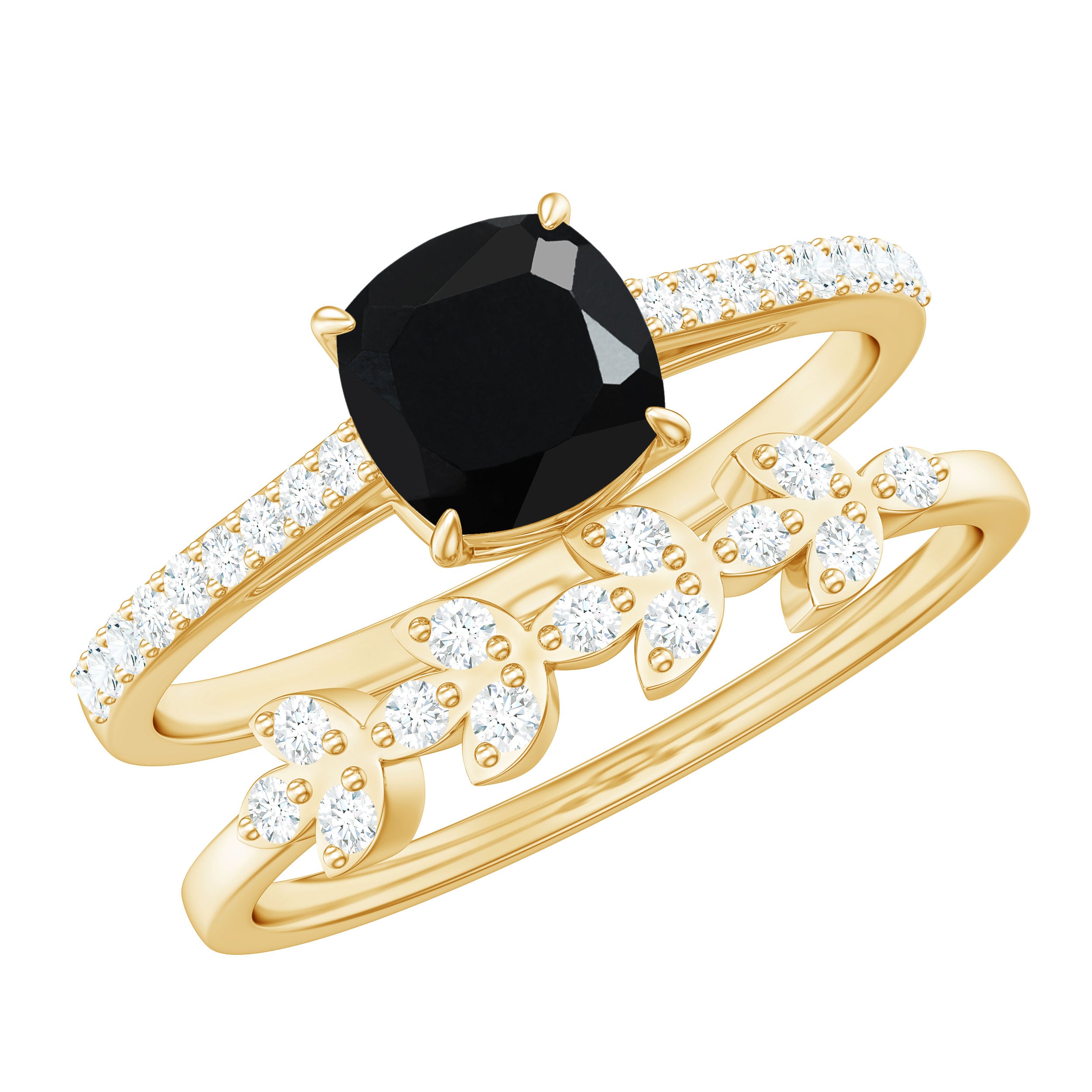 Natural 8mm Black Spinel Diamond Cushion Cut Engagement Ring with Enhancer AAA - Rosec Jewels