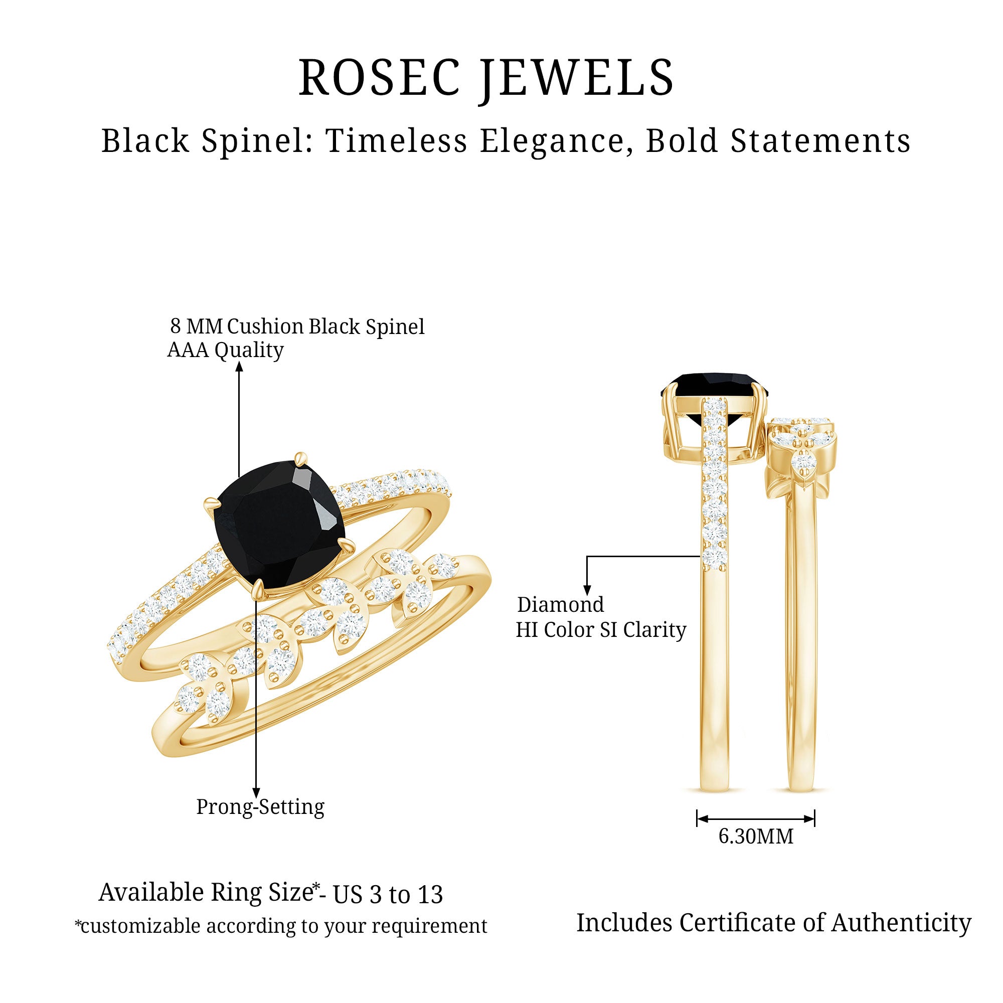 Natural 8mm Black Spinel Diamond Cushion Cut Engagement Ring with Enhancer AAA - Rosec Jewels