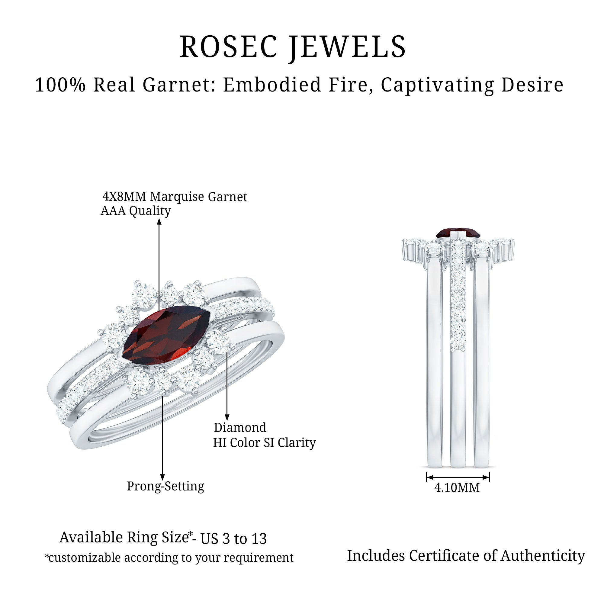 Rosec Jewels-Natural Garnet Marquise Engagement Wedding Ring Set of 3 with Diamond