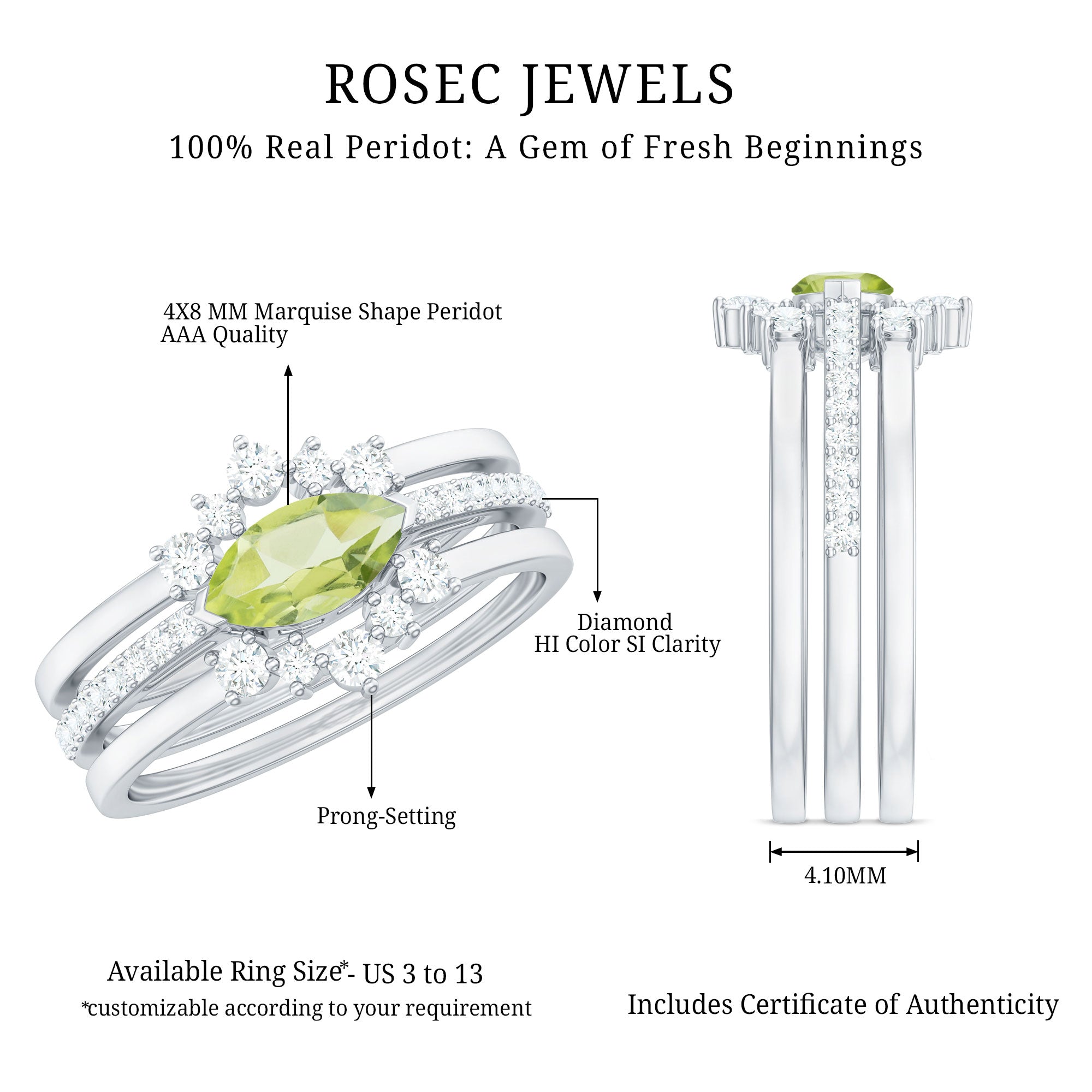 Rosec Jewels-East West Style Peridot 3 Piece Bridal Ring Set with Diamond