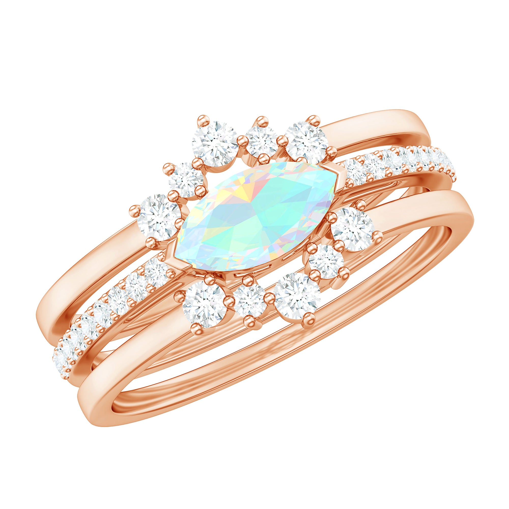Certified Real Ethiopian Opal Diamond Wedding Bridal Ring Set of 3 AAA - Rosec Jewels