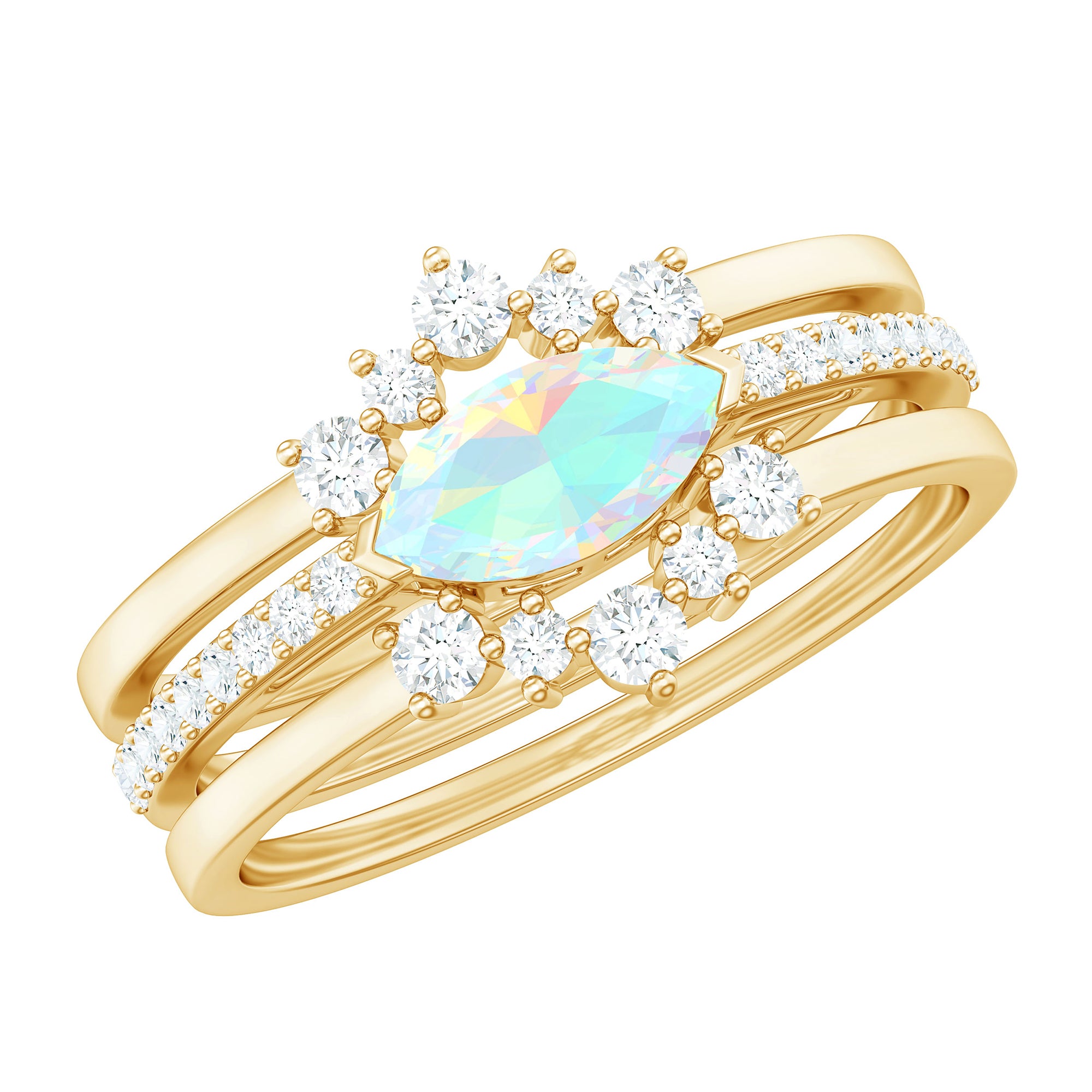Certified Real Ethiopian Opal Diamond Wedding Bridal Ring Set of 3 AAA - Rosec Jewels