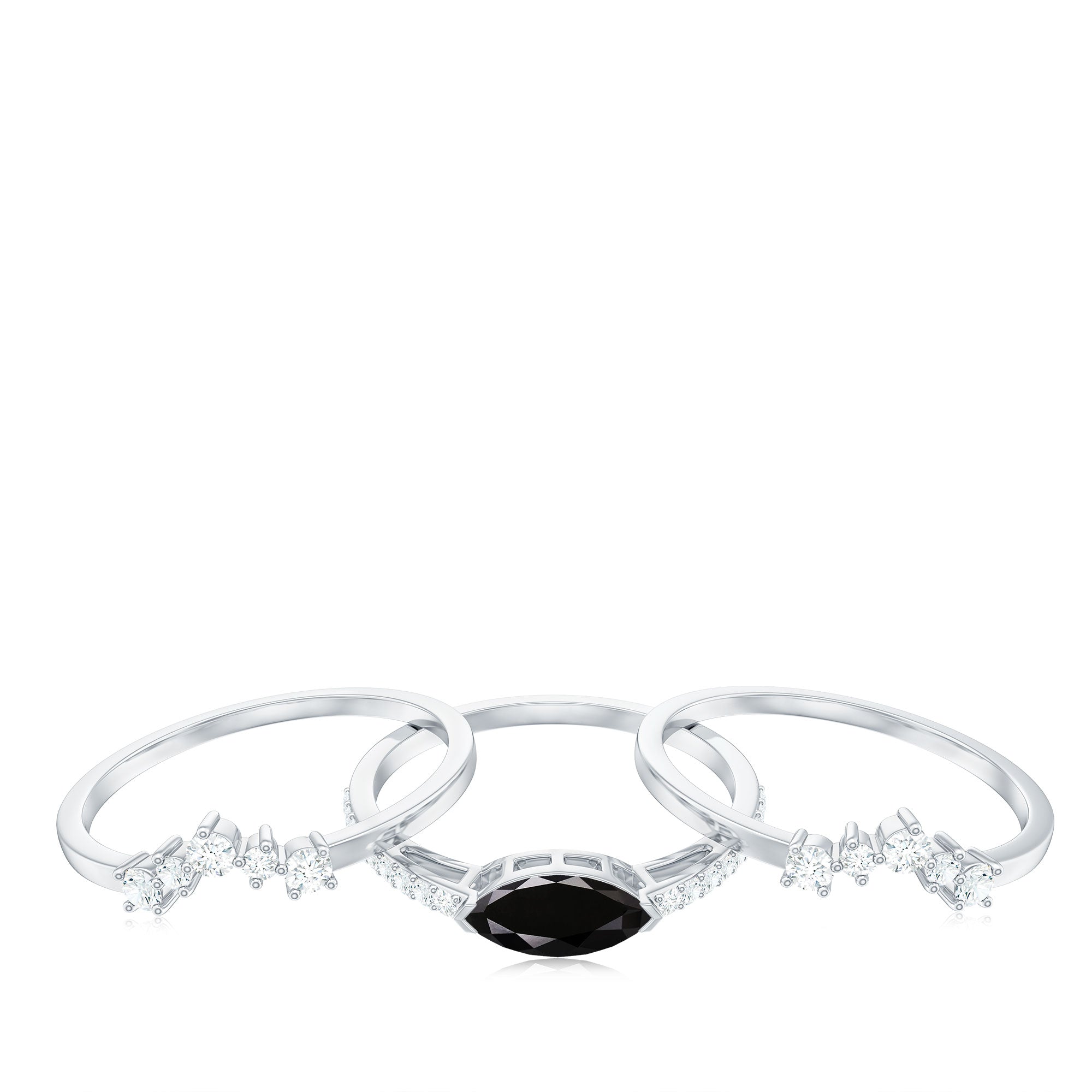 East West Set Black Onyx and Diamond Trio Wedding Ring Set AAA - Rosec Jewels