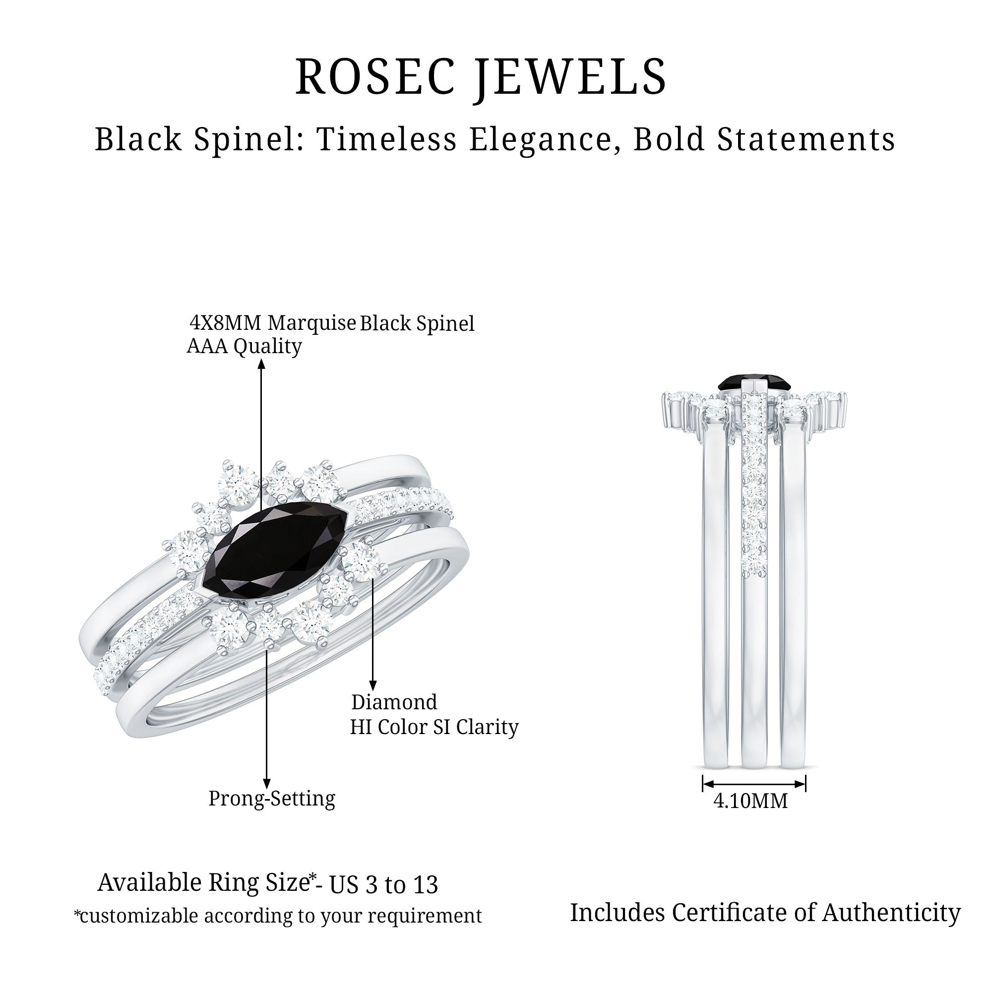 Rosec Jewels-Natural Marquise Black Spinel Diamond 3 Piece Bridal Ring Set