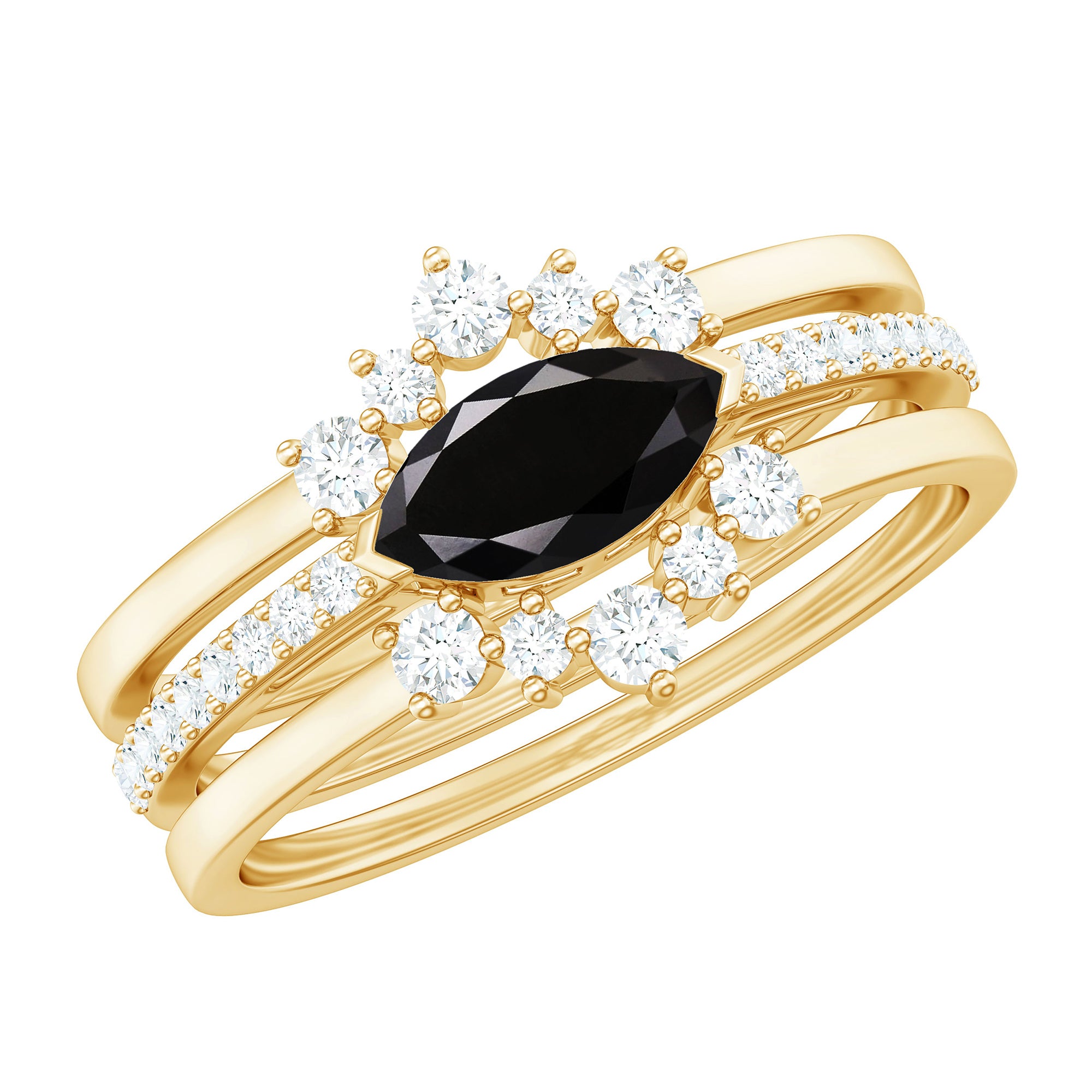 Rosec Jewels-Natural Marquise Black Spinel Diamond 3 Piece Bridal Ring Set