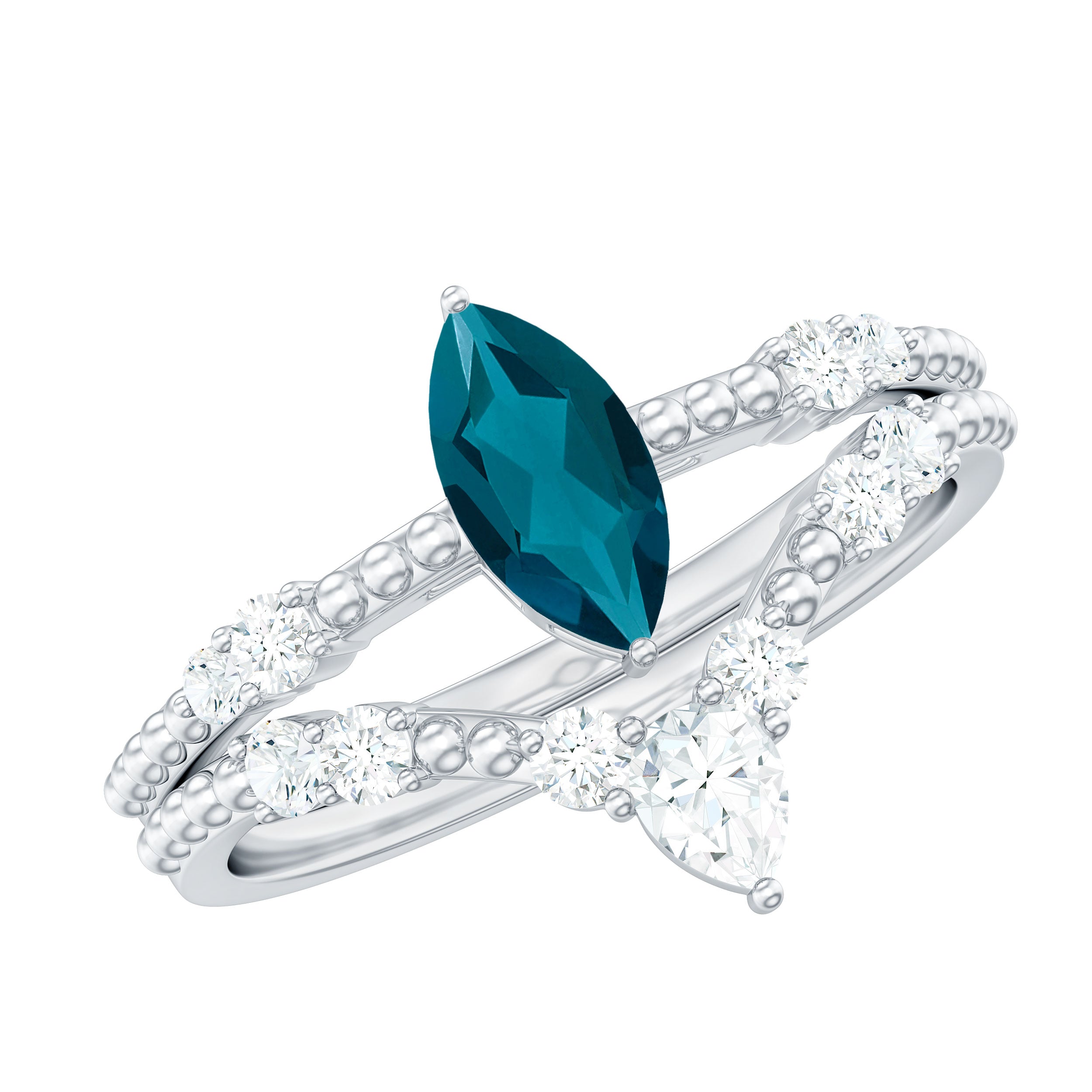 London Blue Topaz and Diamond Wedding Ring Set with Beaded Details