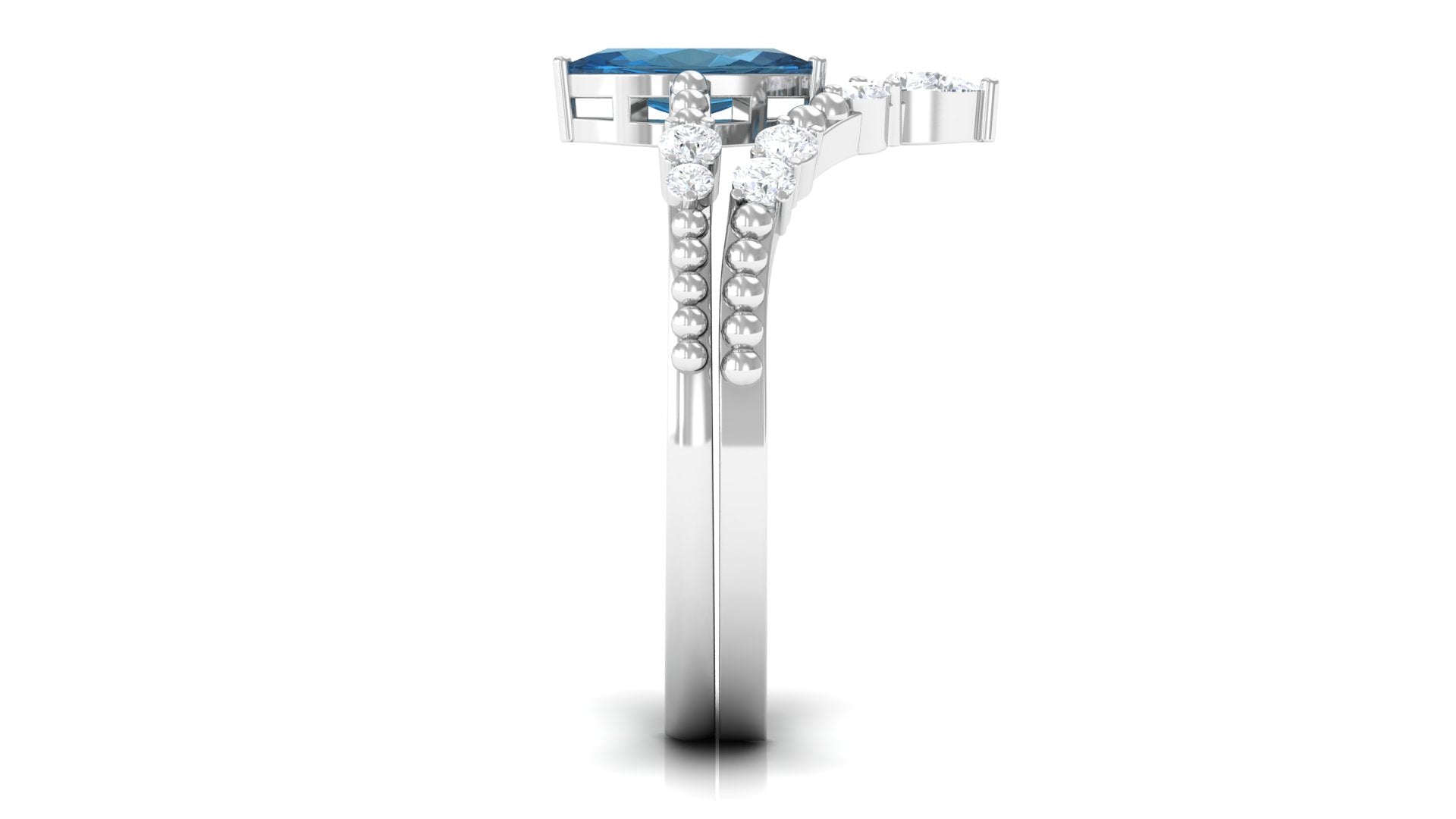 Rosec Jewels-London Blue Topaz and Diamond Wedding Ring Set with Beaded Details