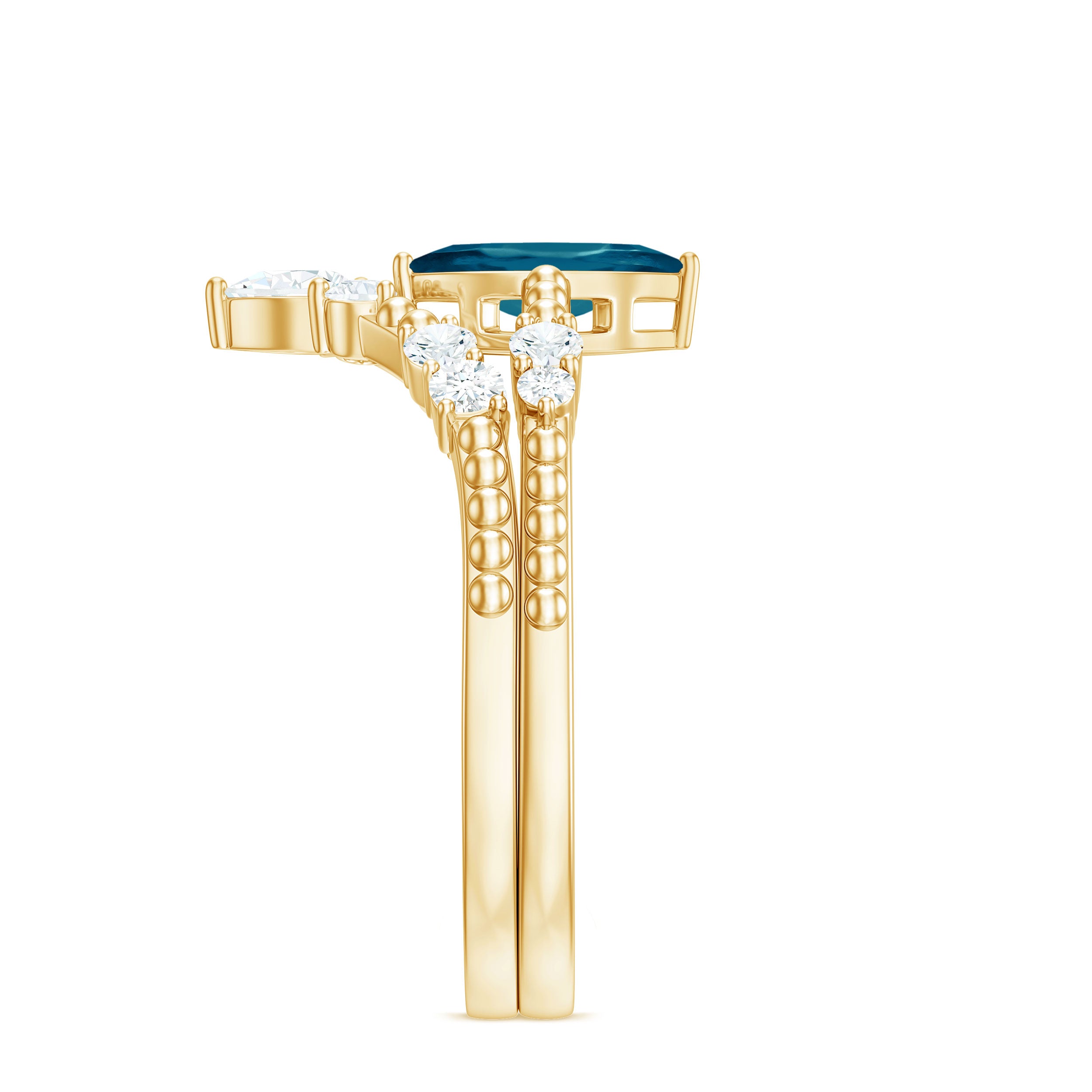 Rosec Jewels-London Blue Topaz and Diamond Wedding Ring Set with Beaded Details