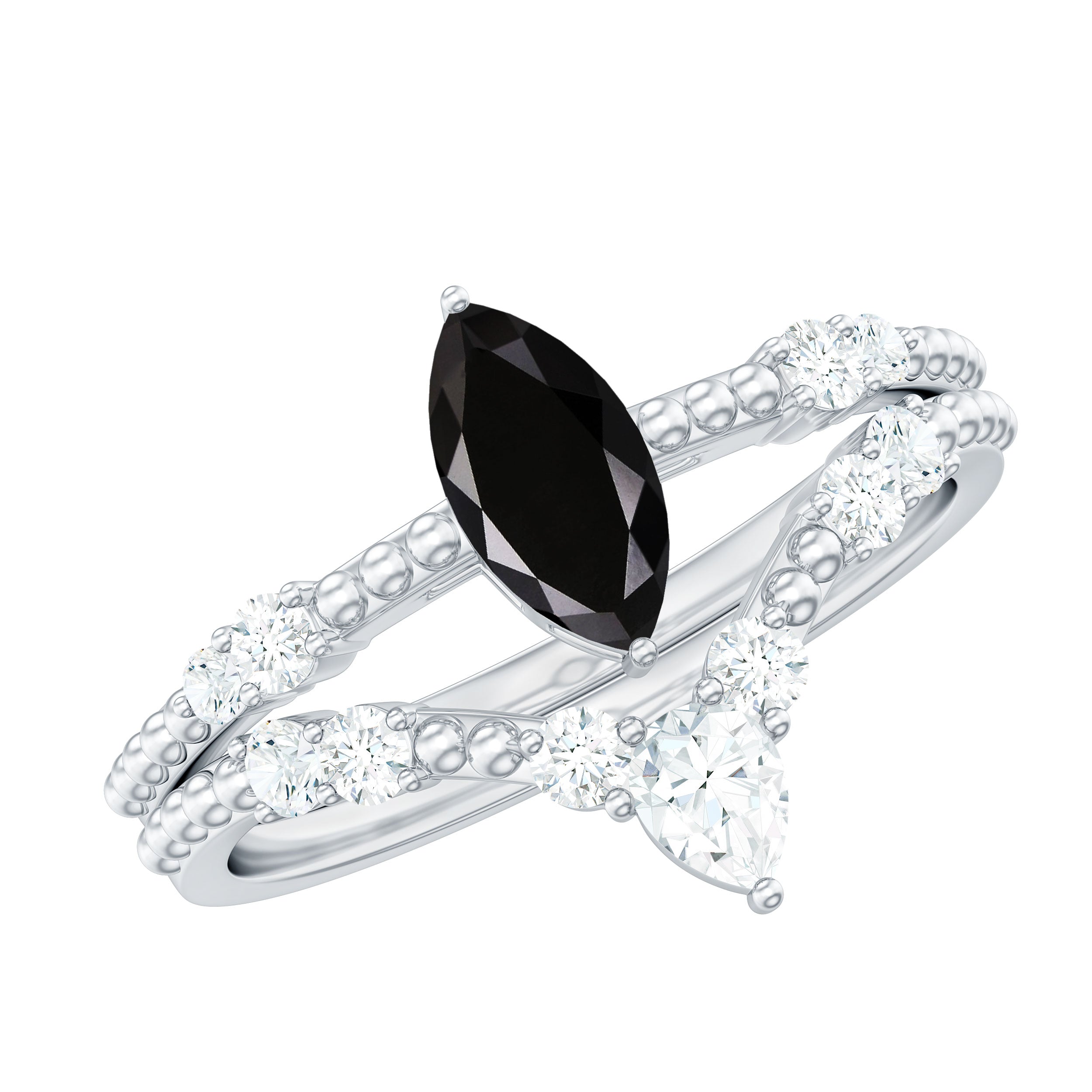 4x8mm Marquise Cut Black Onyx Solitaire Ring Set with Moissanite Band AAA - Rosec Jewels