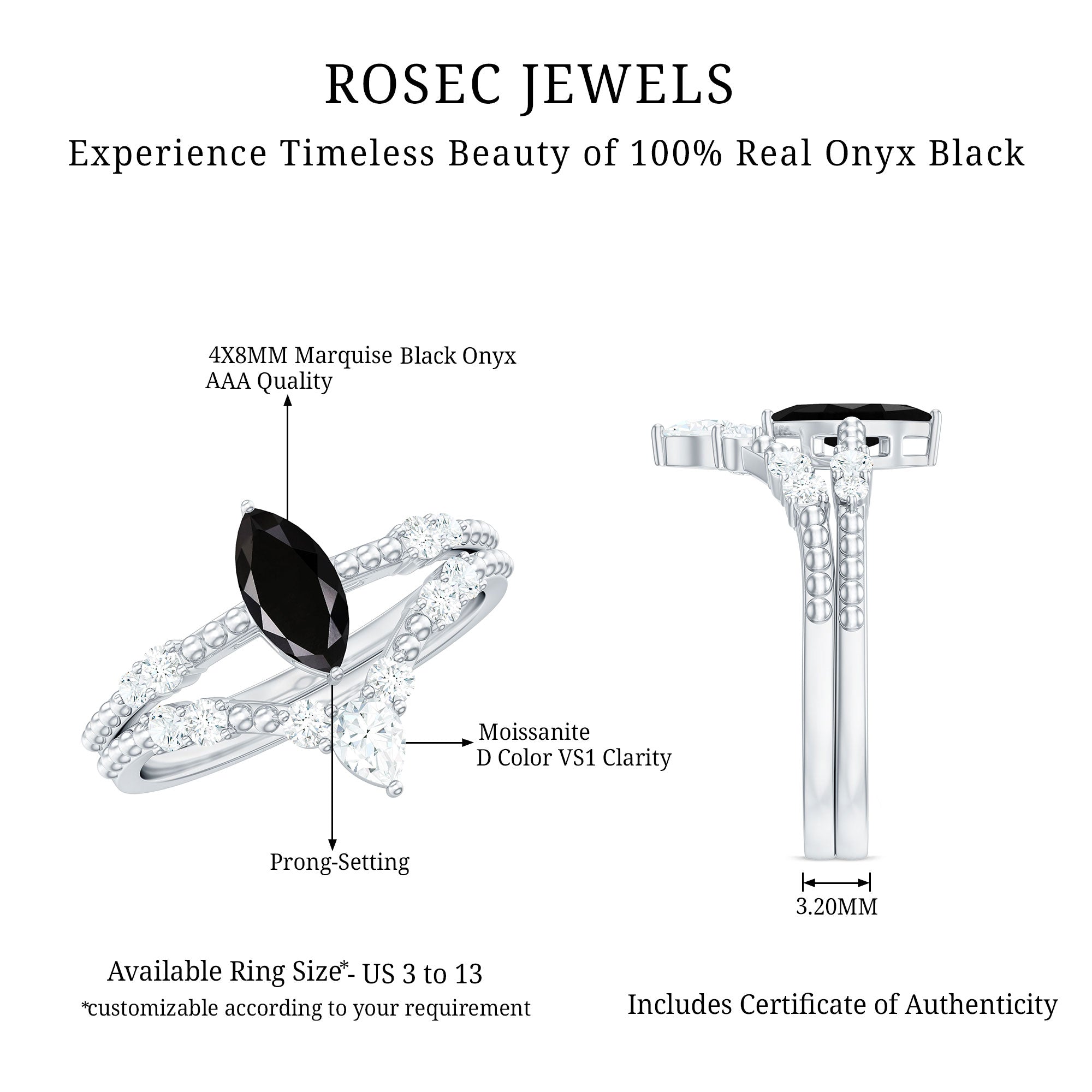 4x8mm Marquise Cut Black Onyx Solitaire Ring Set with Moissanite Band AAA - Rosec Jewels