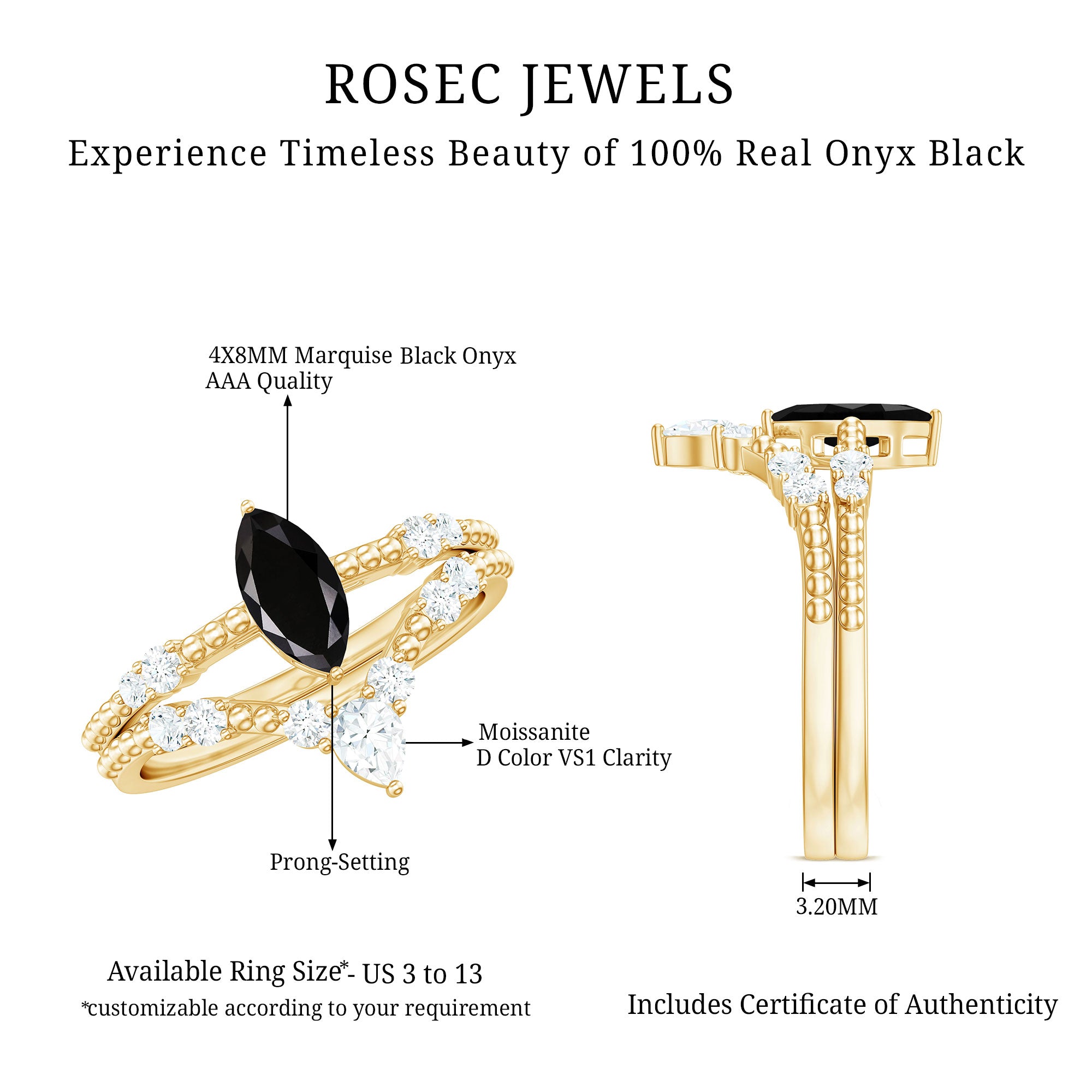 4x8mm Marquise Cut Black Onyx Solitaire Ring Set with Moissanite Band AAA - Rosec Jewels