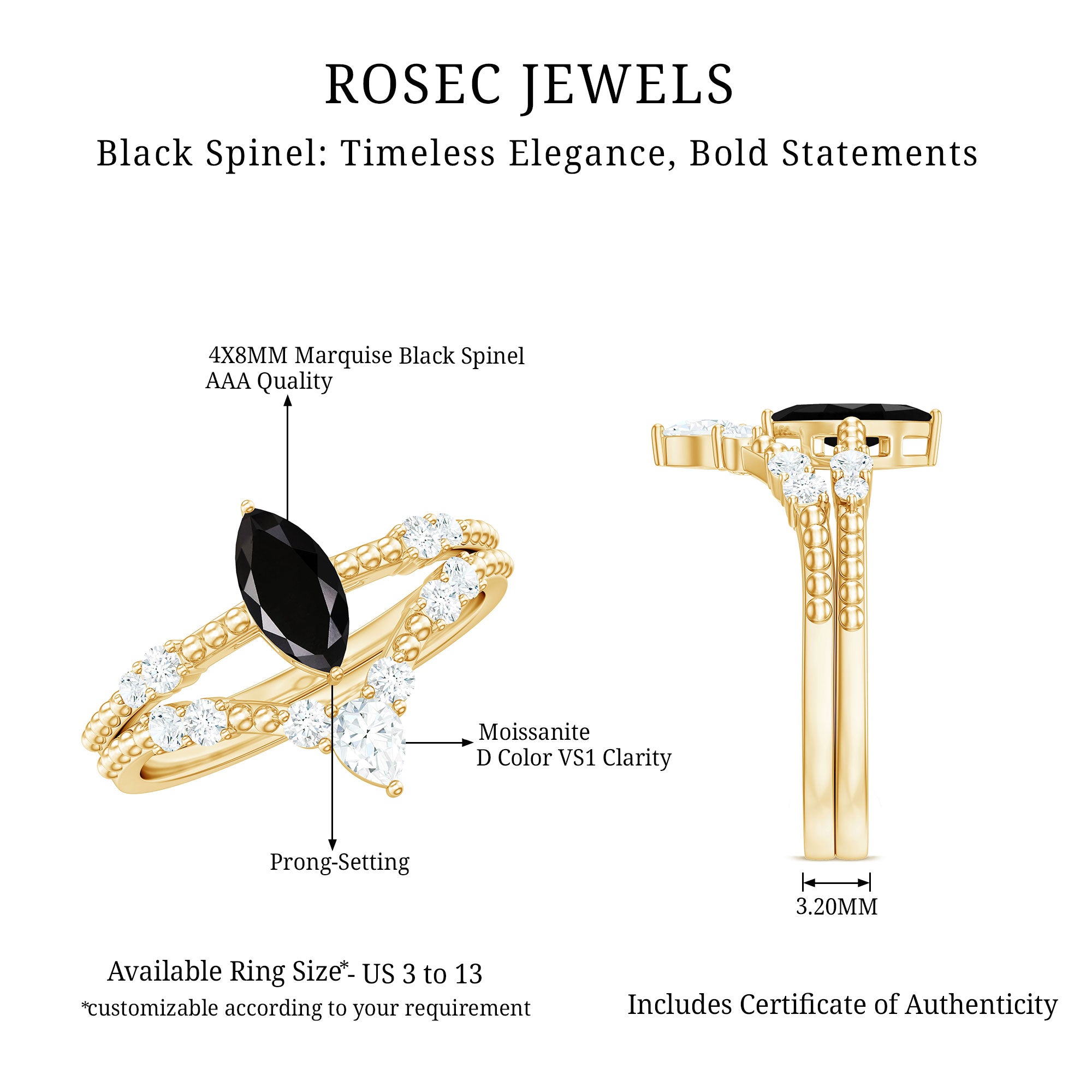 Natural Black Spinel Wedding Engagement Ring Set with Moissanite AAA - Rosec Jewels