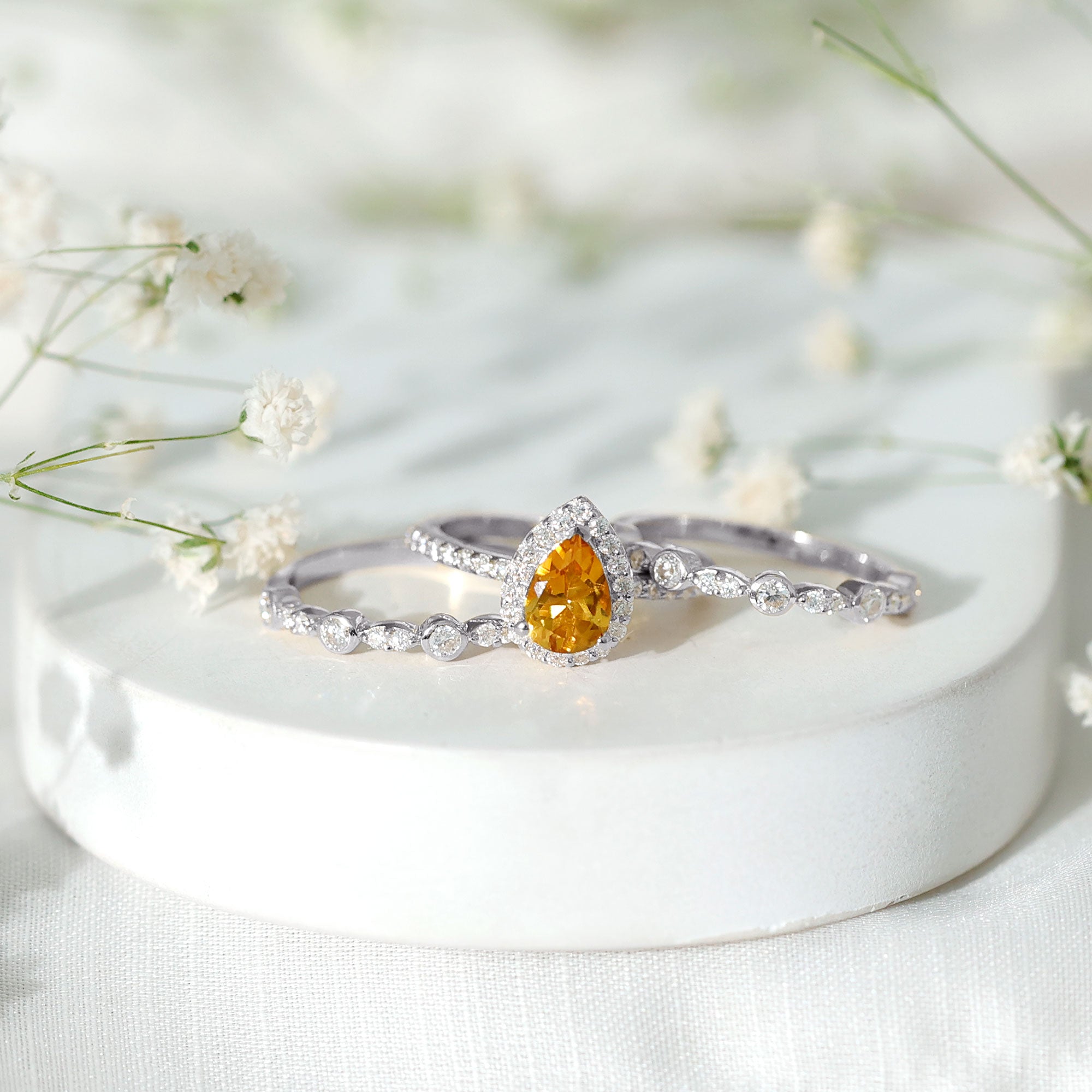 Rosec Jewels-Pear Cut Citrine Bridal Trio Ring Set with Moissanite Band