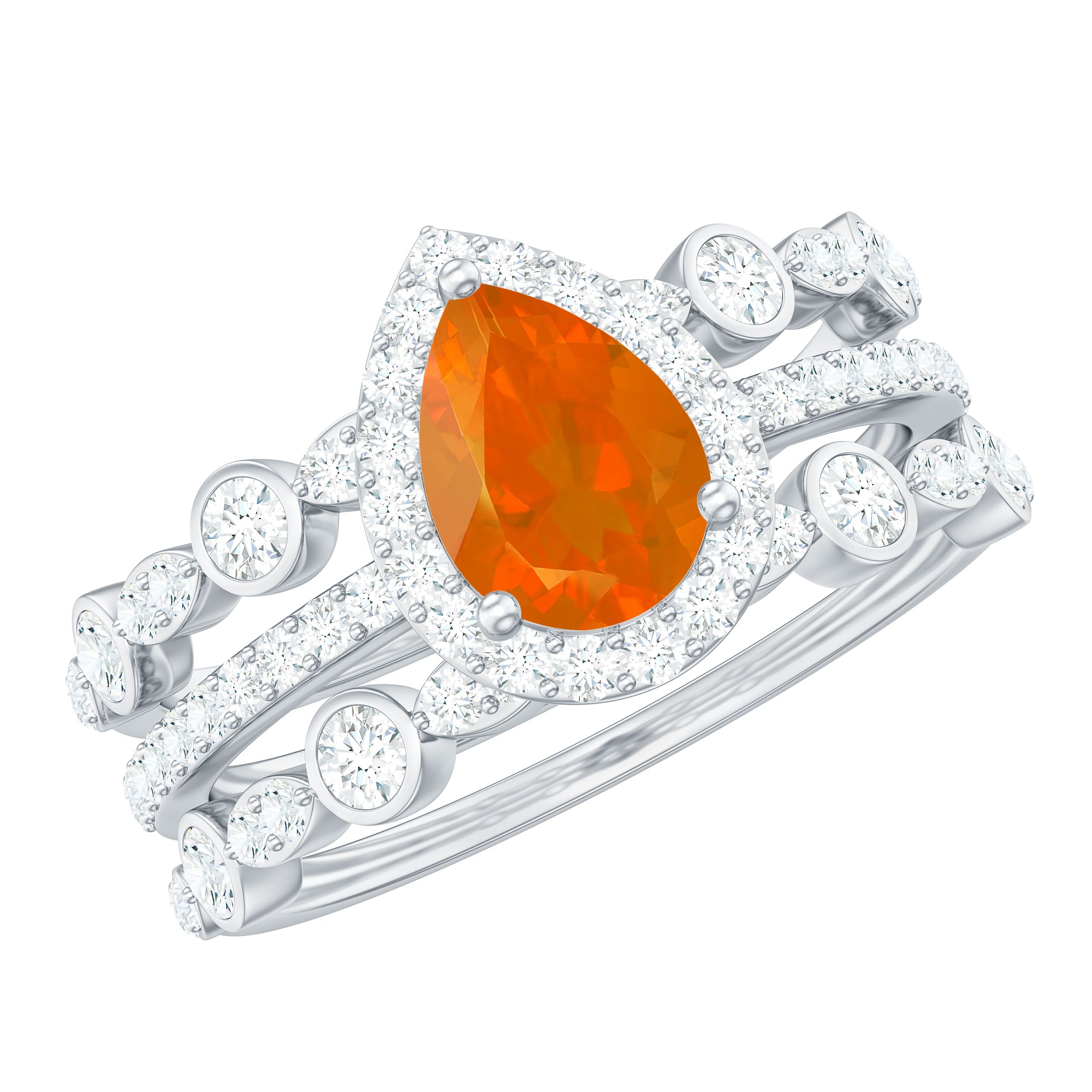 Rosec Jewels-Pear Cut Fire Opal Bridal Trio Ring Set with Moissanite Band