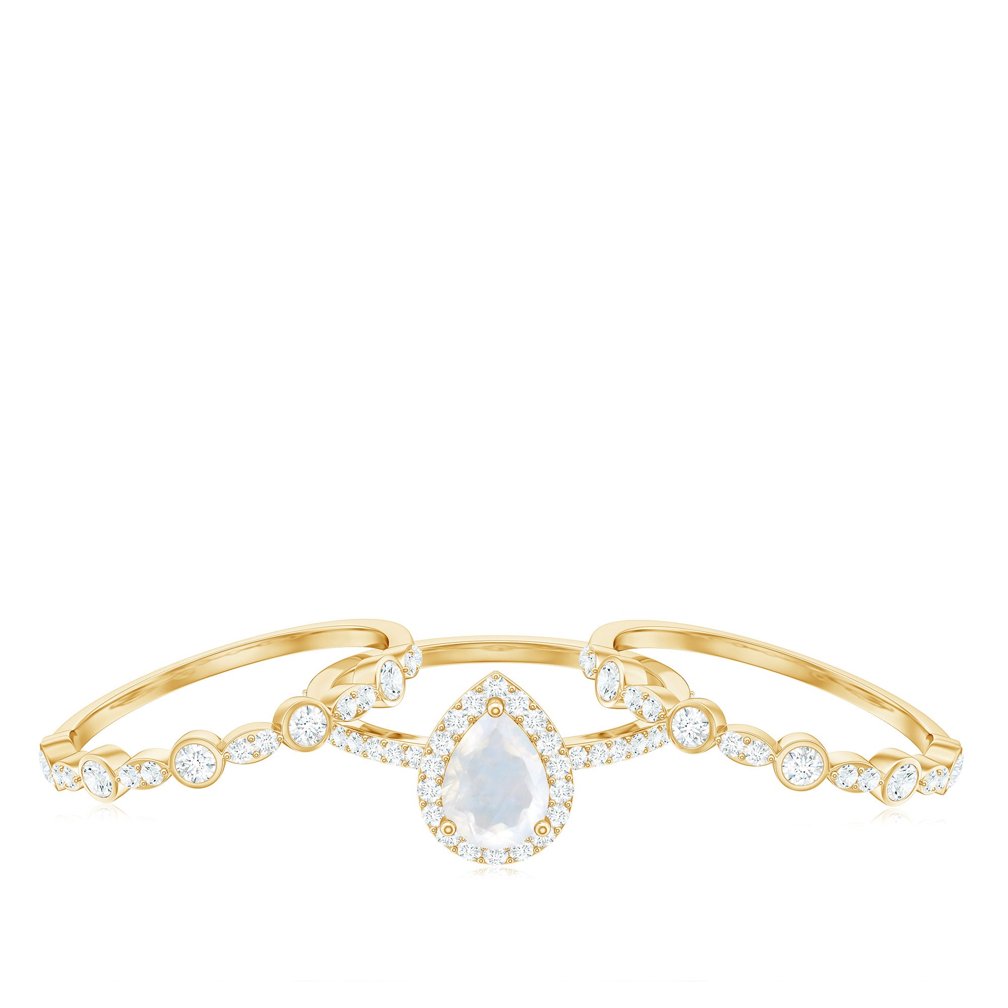 Pear Cut Moonstone Bridal Trio Ring Set with Moissanite Band AAA - Rosec Jewels