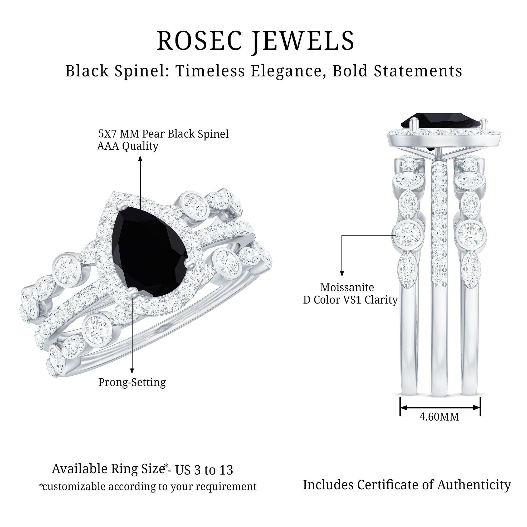Natural Pear Shape Black Spinel Moissanite Bridal Ring Set of 3 AAA - Rosec Jewels