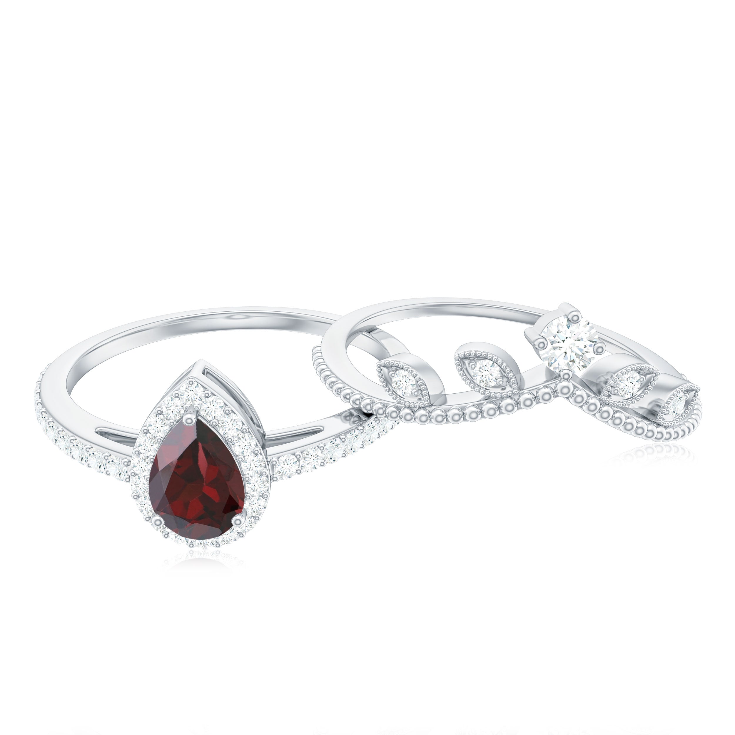 Natural Garnet Diamond Vintage Wedding Bridal Ring Set AAA - Rosec Jewels
