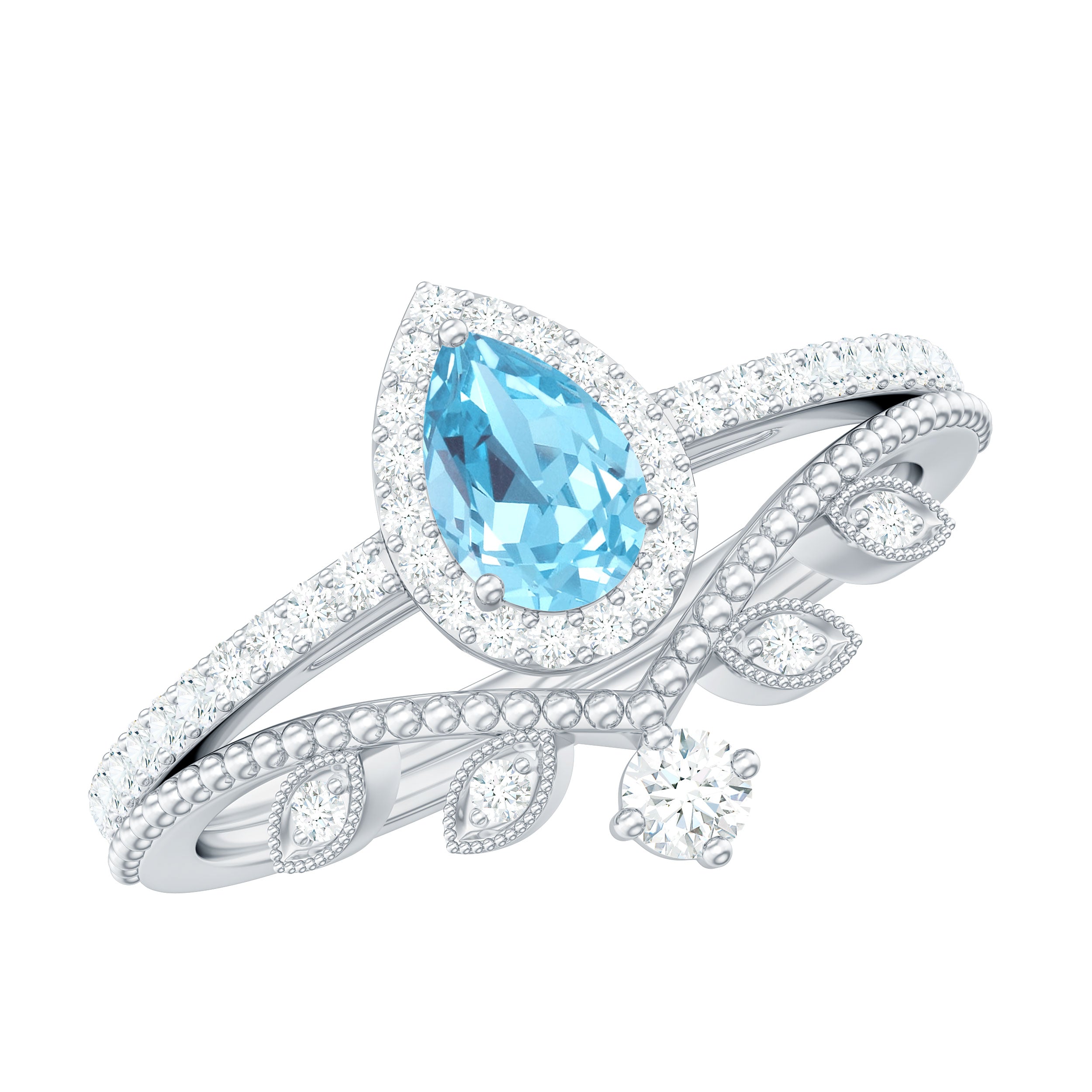 Vintage Looking Aquamarine and Diamond Teardrop Wedding Ring Set for Women AAA - Rosec Jewels