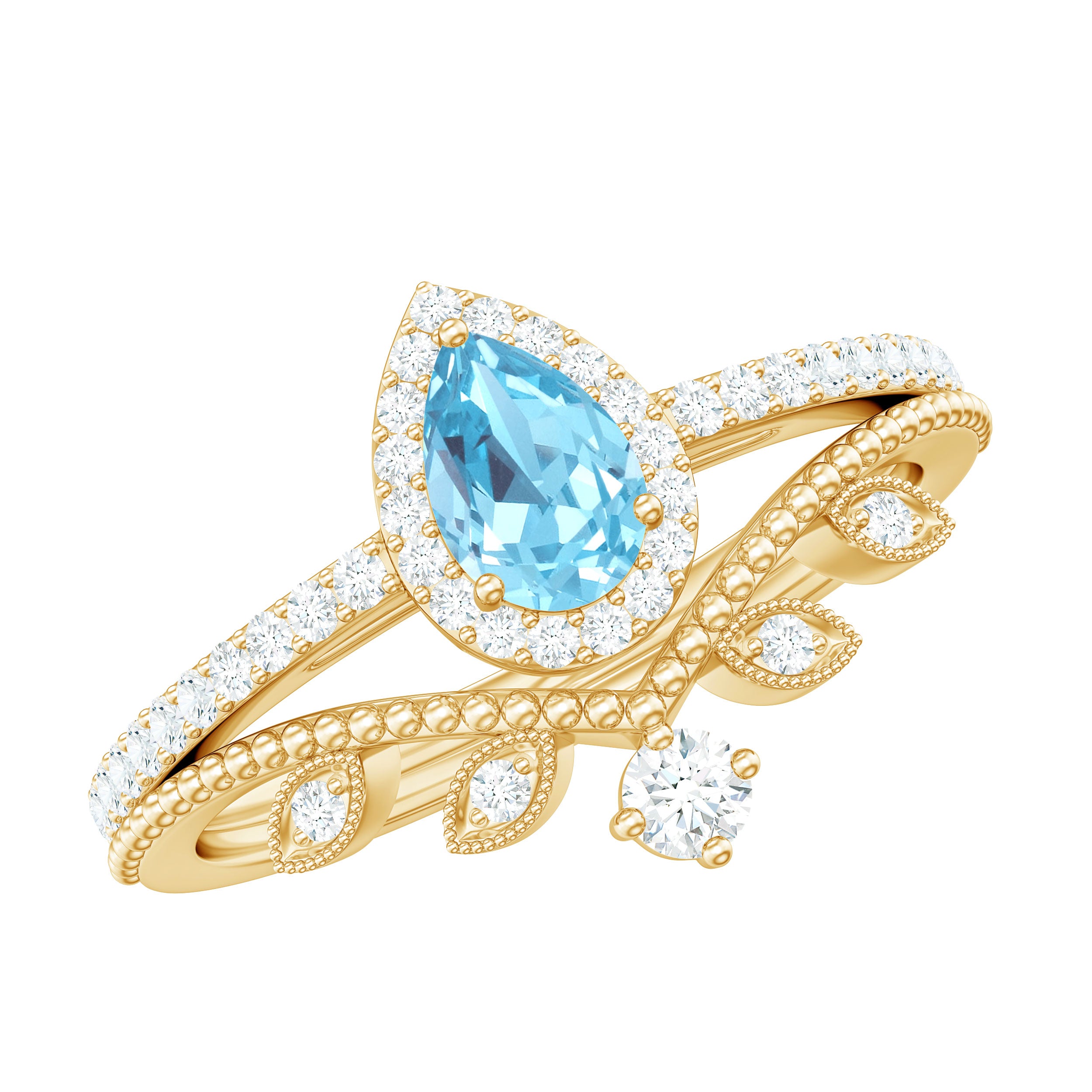 Vintage Looking Aquamarine and Diamond Teardrop Wedding Ring Set for Women AAA - Rosec Jewels