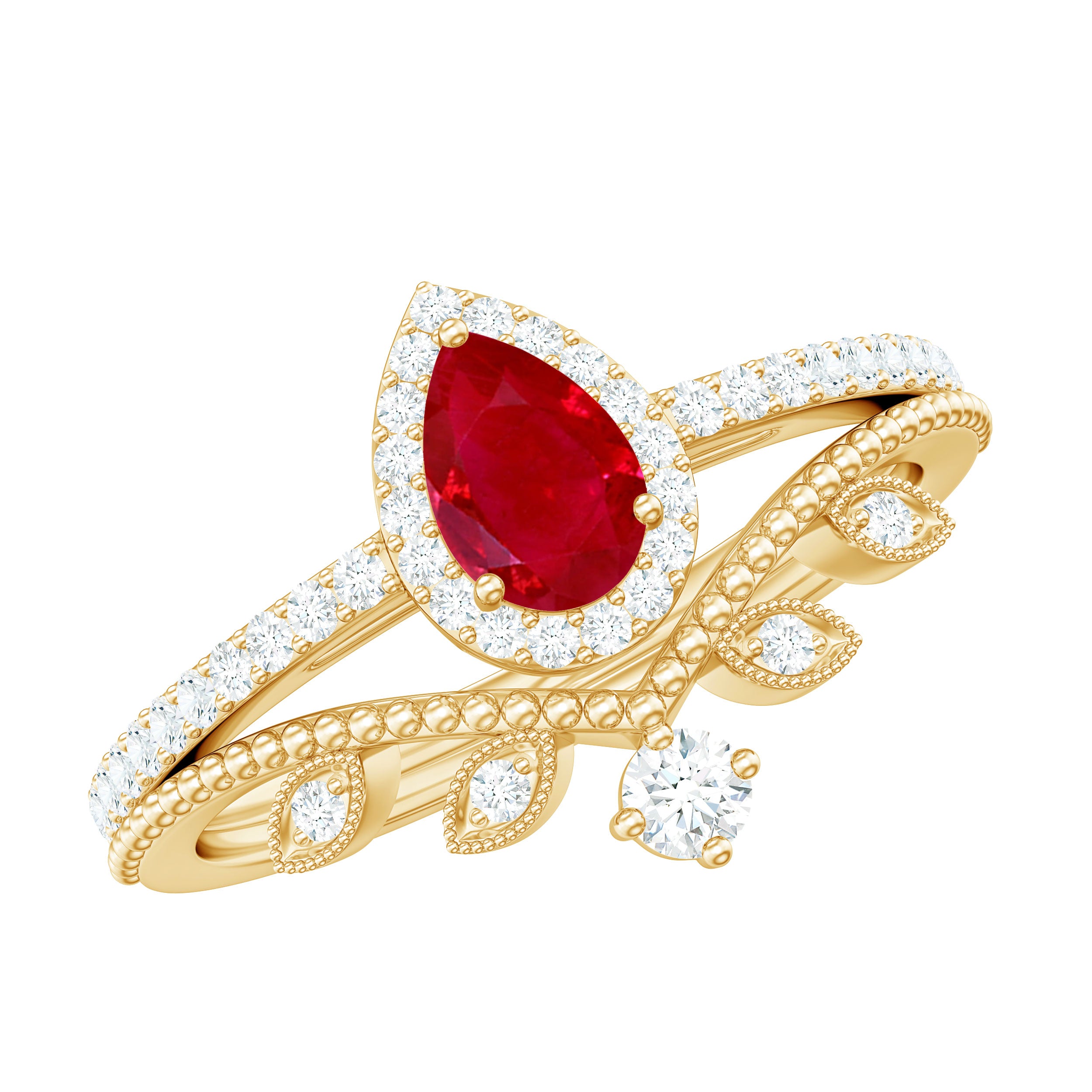 Vintage Looking Pear Shape Ruby Diamond Engagement Ring with Enhancer AAA - Rosec Jewels