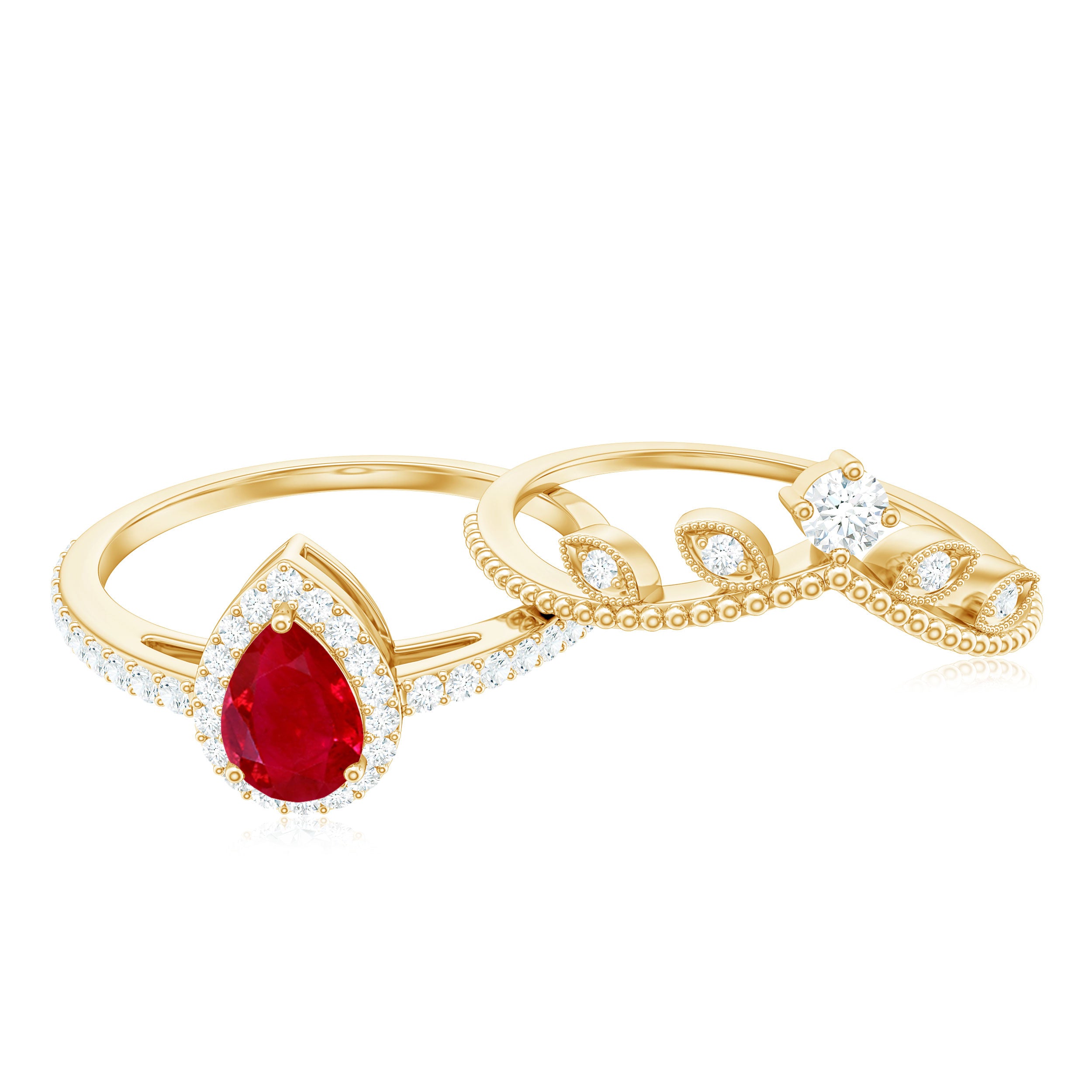 Vintage Looking Pear Shape Ruby Diamond Engagement Ring with Enhancer AAA - Rosec Jewels