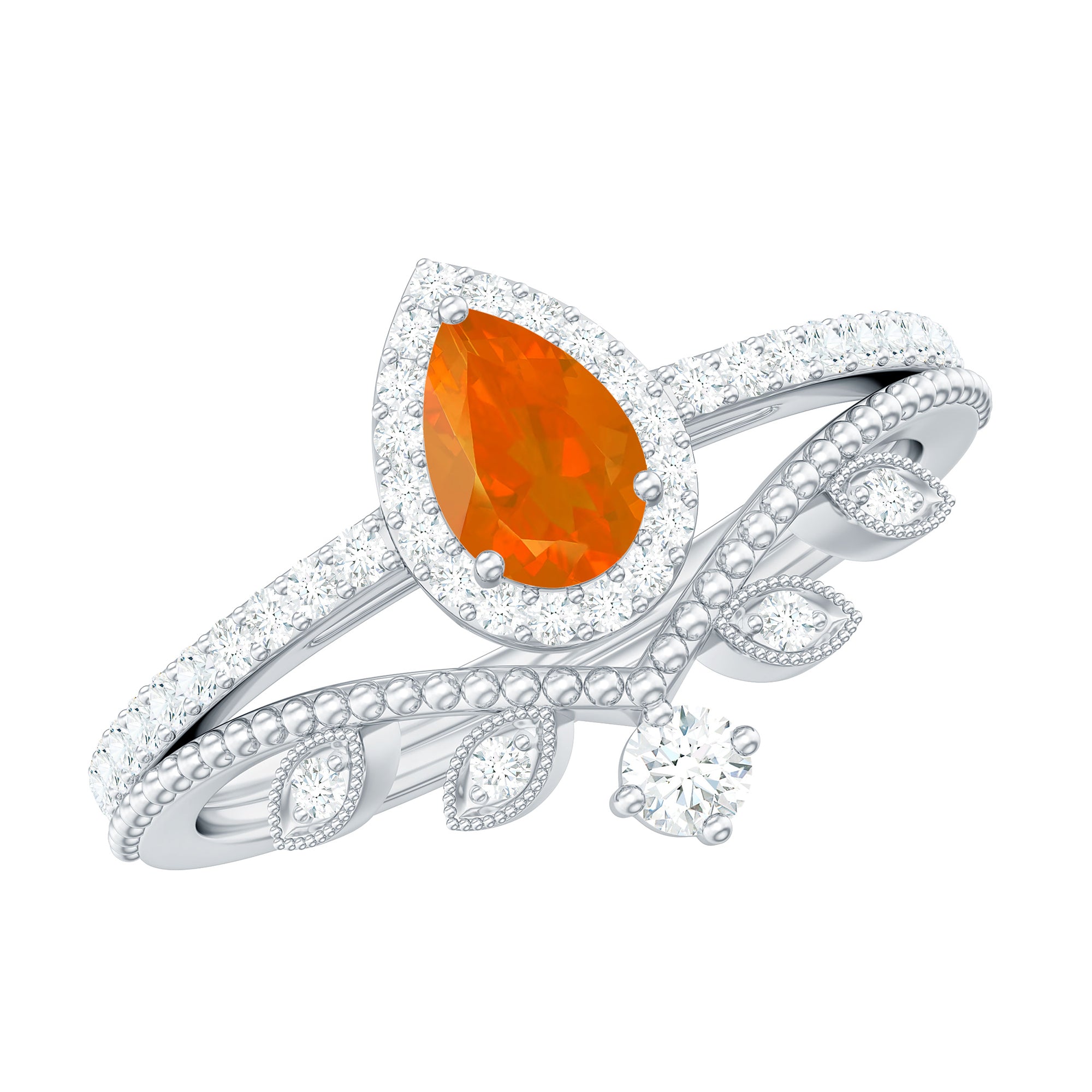 Vintage Inspired Fire Opal Teardrop Wedding Ring Set with Diamond AAA - Rosec Jewels