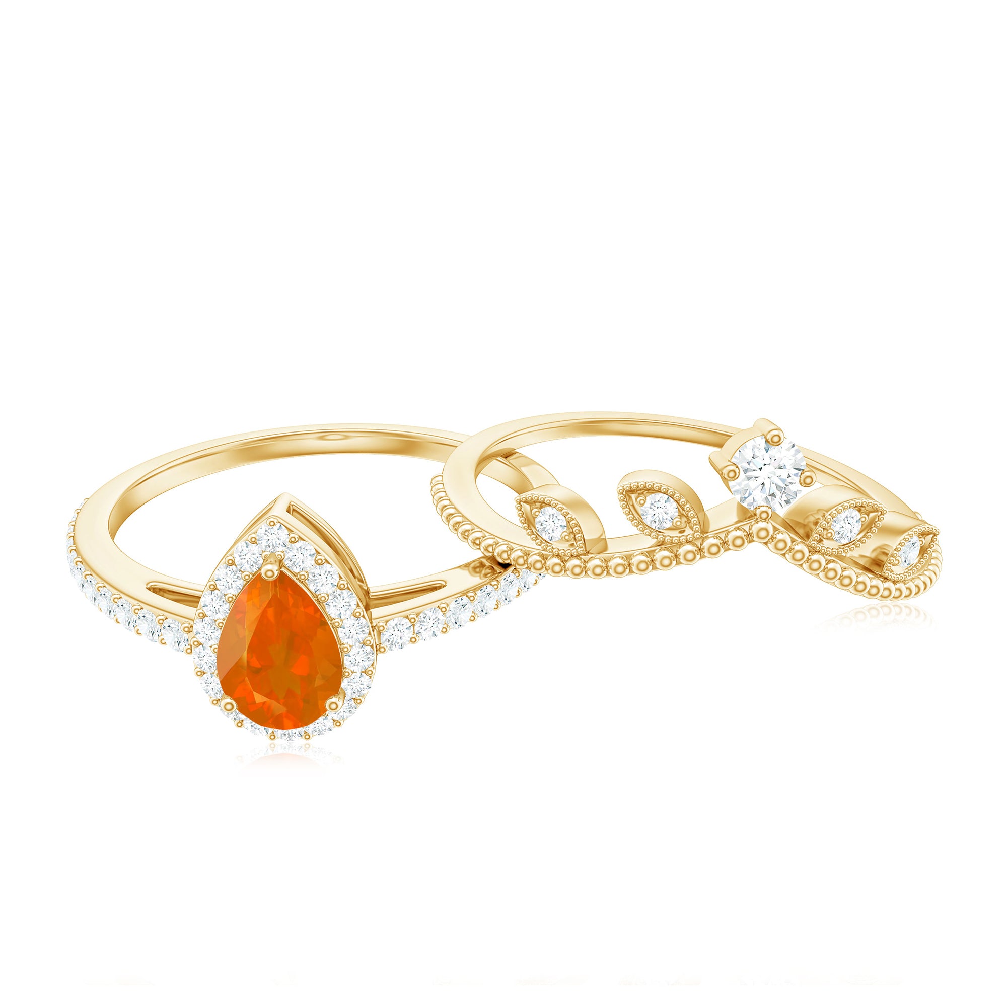 Vintage Inspired Fire Opal Teardrop Wedding Ring Set with Diamond AAA - Rosec Jewels