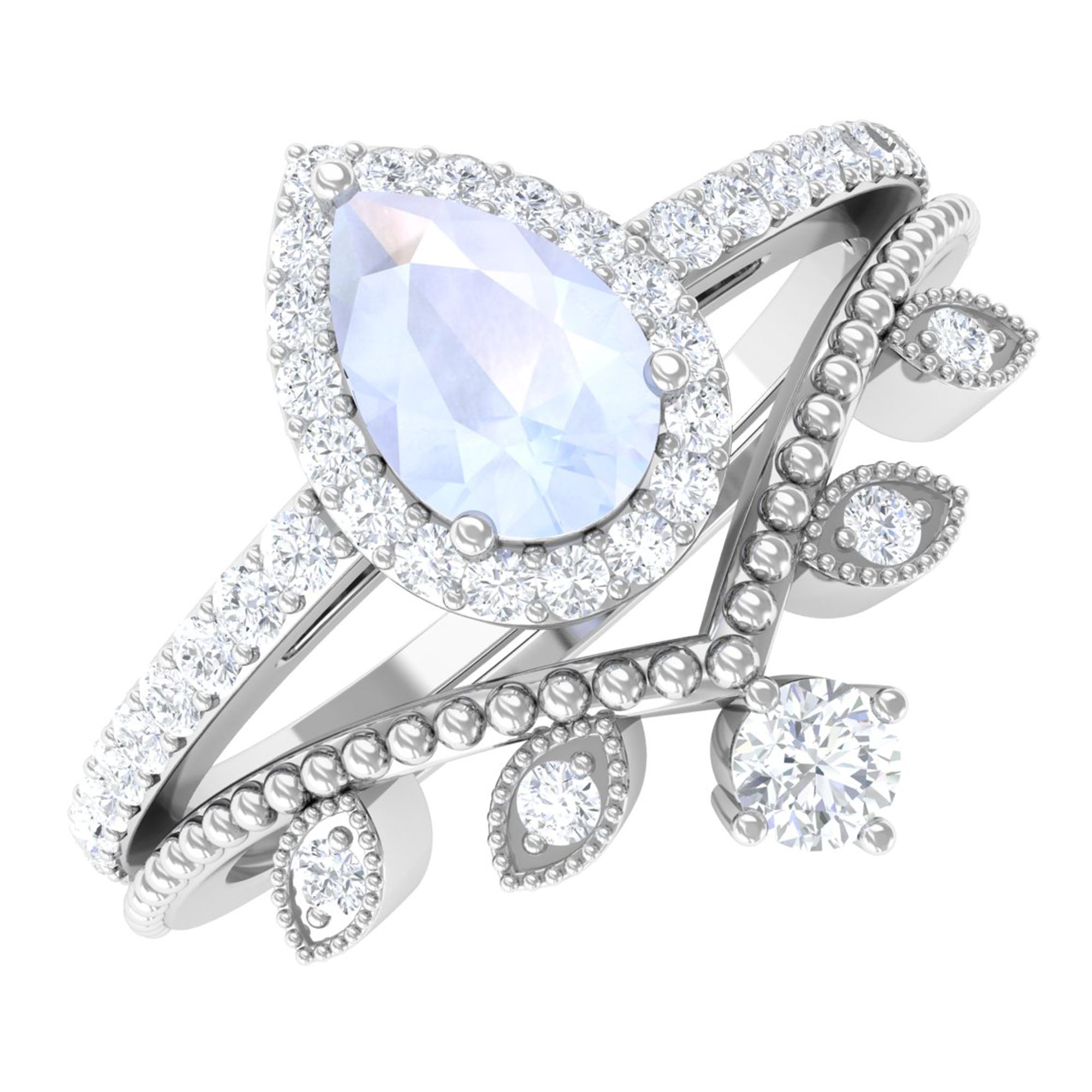 1.5 Vintage Inspired Moonstone Teardrop Wedding Ring Set with Diamond AAA - Rosec Jewels