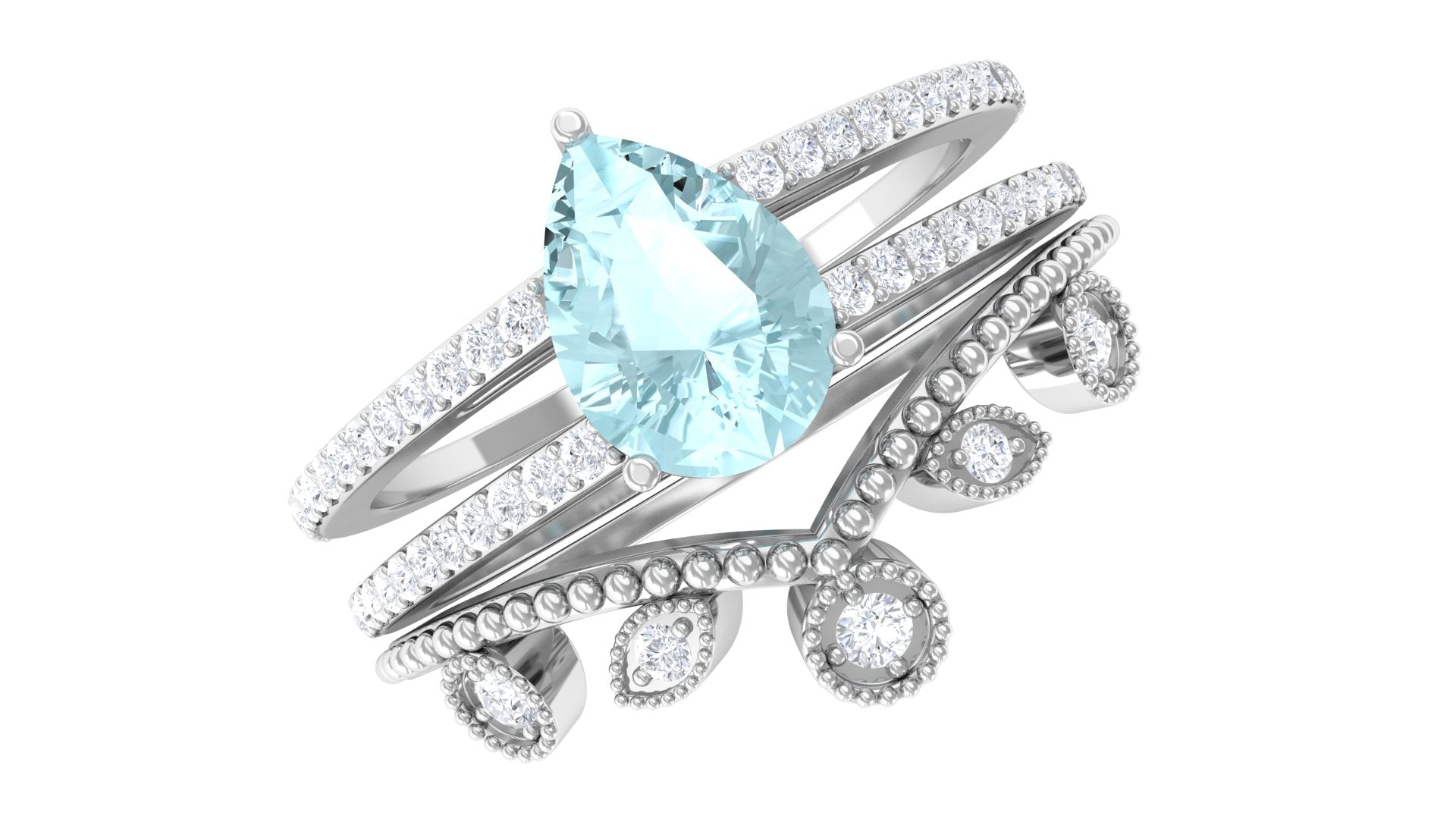 Pear Cut Real Sky Blue Topaz and Diamond Wedding Ring Set
