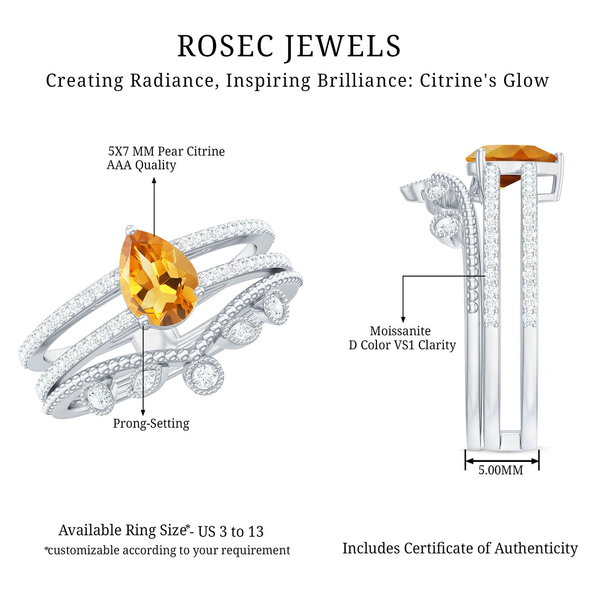 Natural Citrine Double Band Engagement Ring with Enhancer AAA - Rosec Jewels
