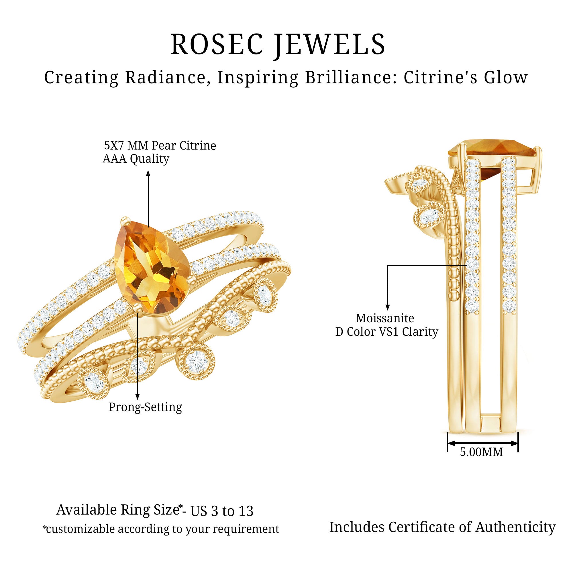 Natural Citrine Double Band Engagement Ring with Enhancer AAA - Rosec Jewels