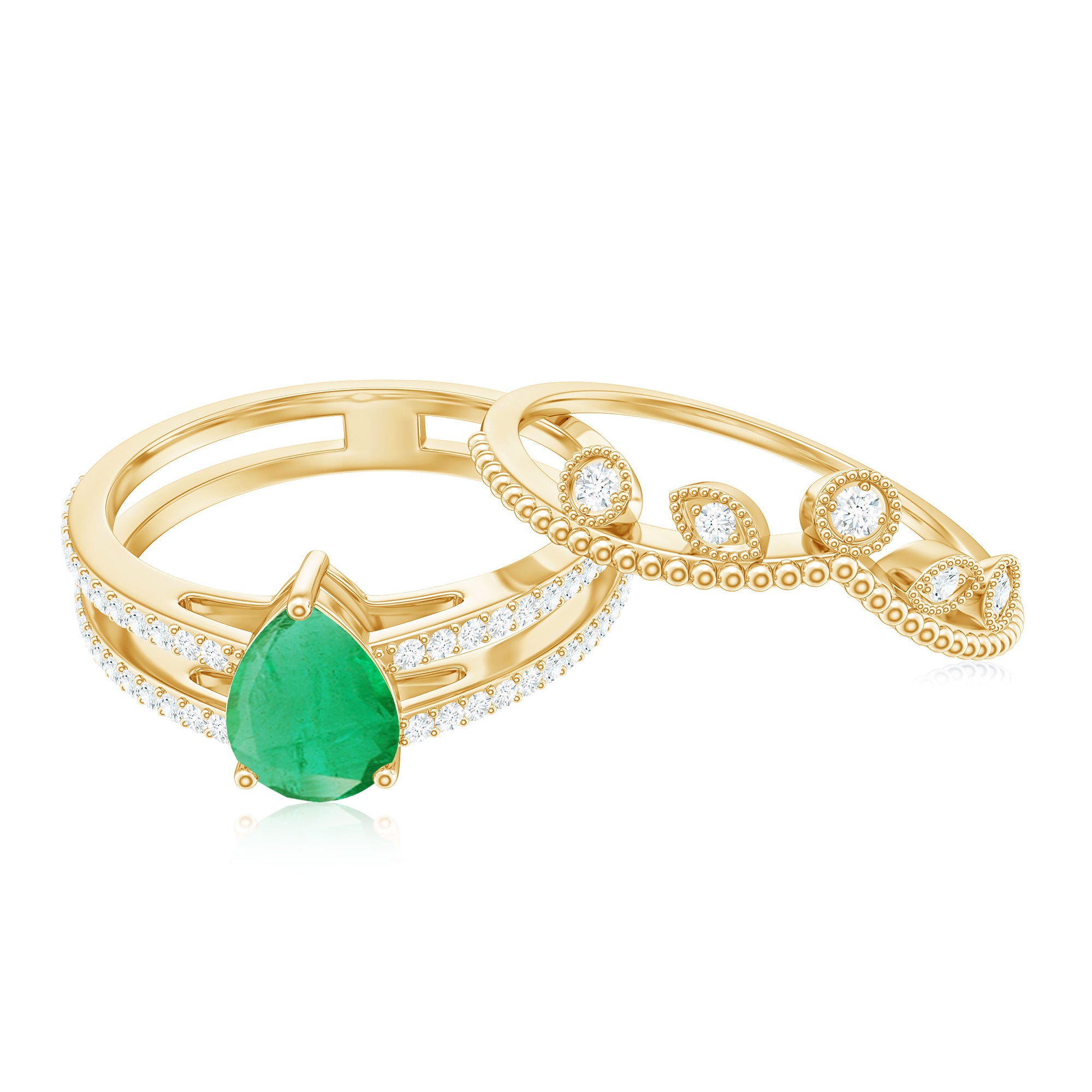 Vintage Style Emerald Diamond Wedding Bridal Ring Set AAA - Rosec Jewels