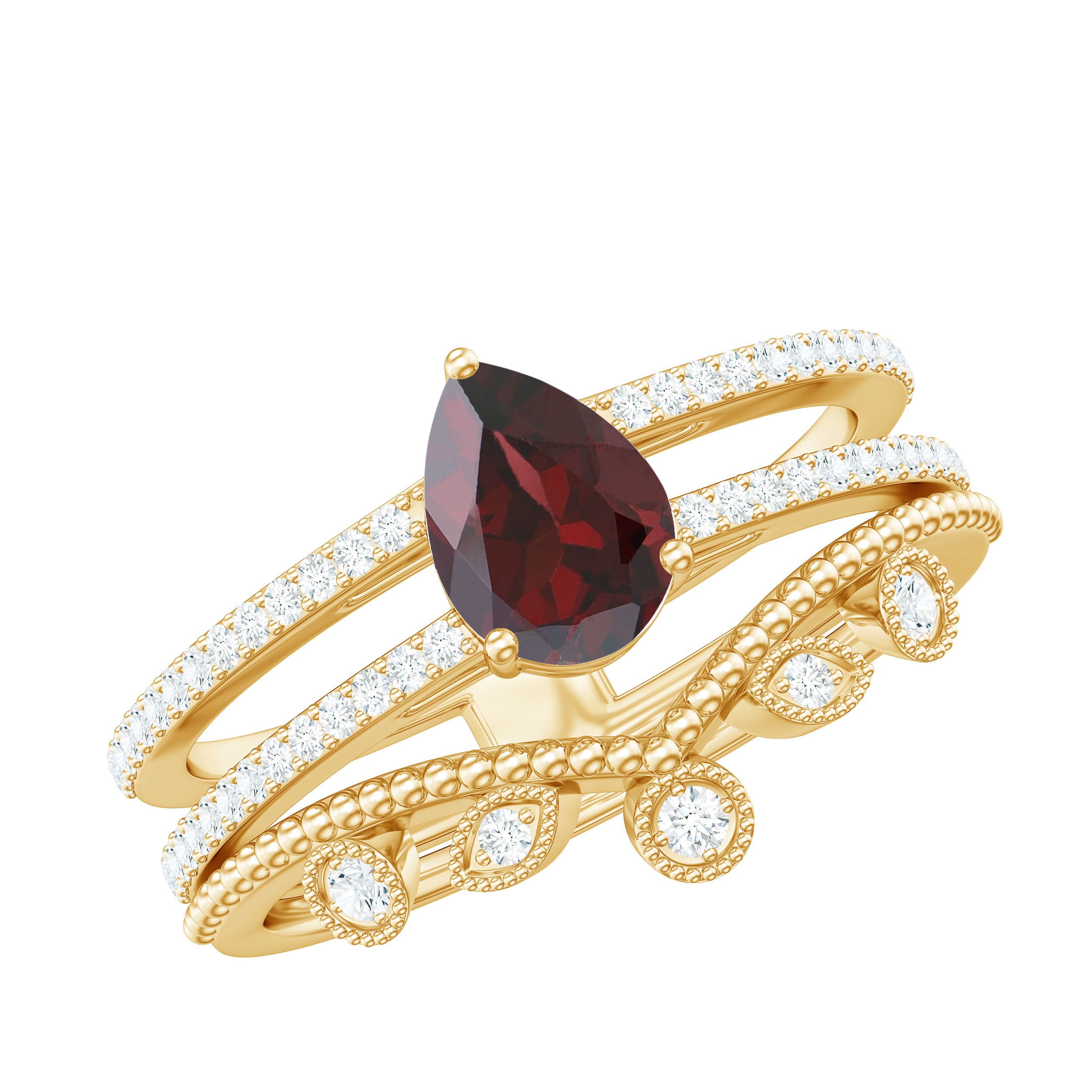 Natural Garnet Diamond Double Band Engagement Ring Wedding Band AAA - Rosec Jewels