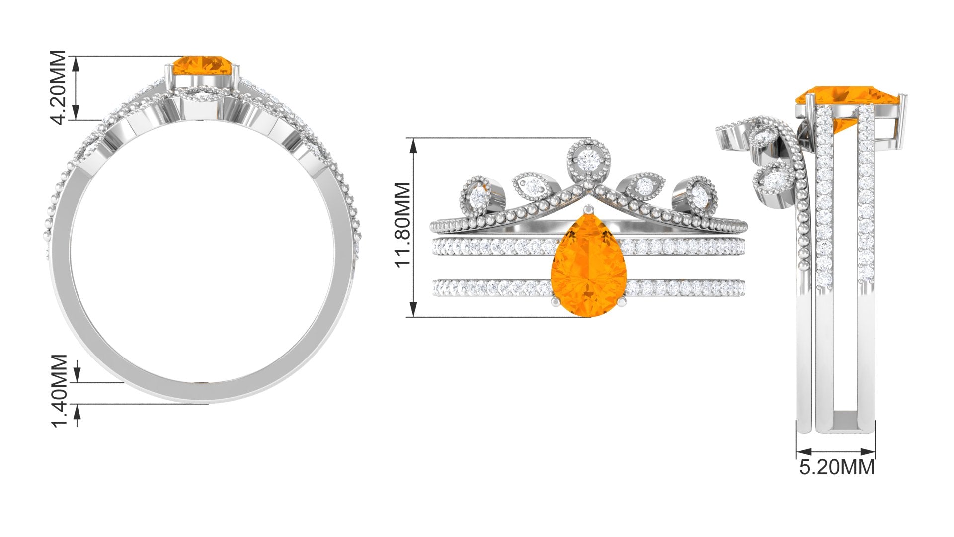 Pear Cut Fire Opal and Diamond Vintage Engagement Ring with Wedding Band Set AAA - Rosec Jewels