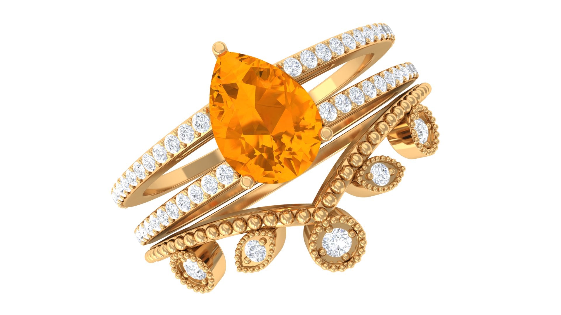Pear Cut Fire Opal and Diamond Vintage Engagement Ring with Wedding Band Set AAA - Rosec Jewels
