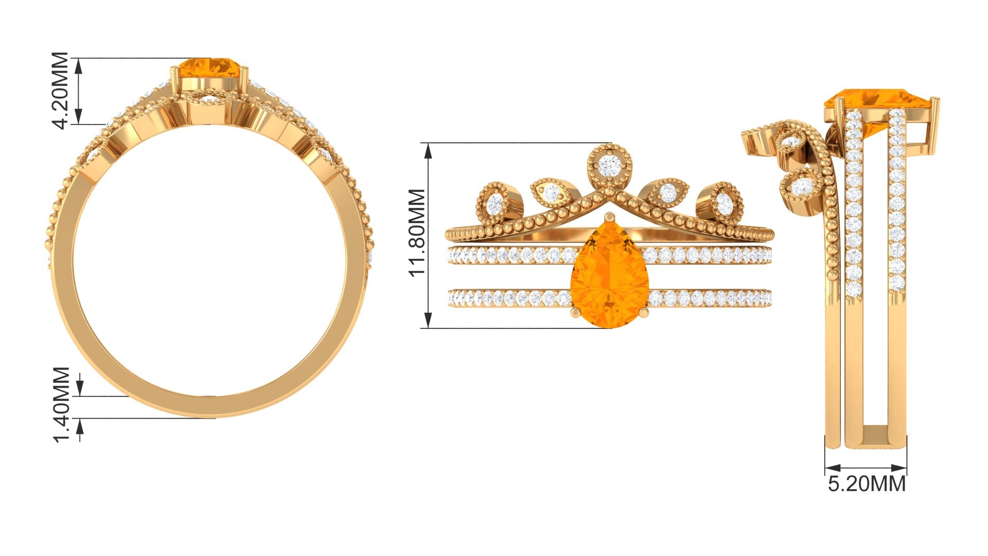 Pear Cut Fire Opal and Diamond Vintage Engagement Ring with Wedding Band Set AAA - Rosec Jewels