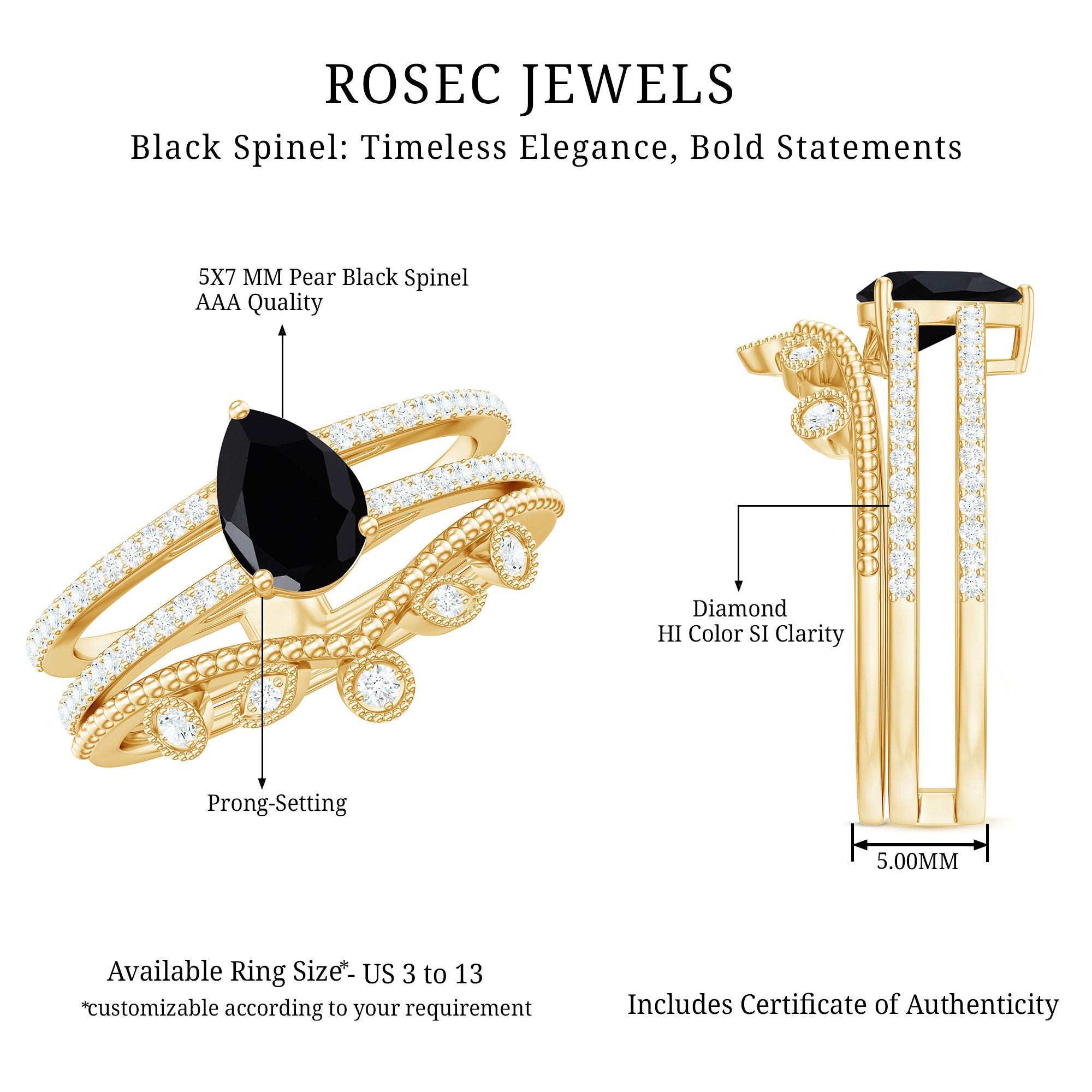 Vintage Style Black Spinel Diamond Wedding Ring Set for Women AAA - Rosec Jewels