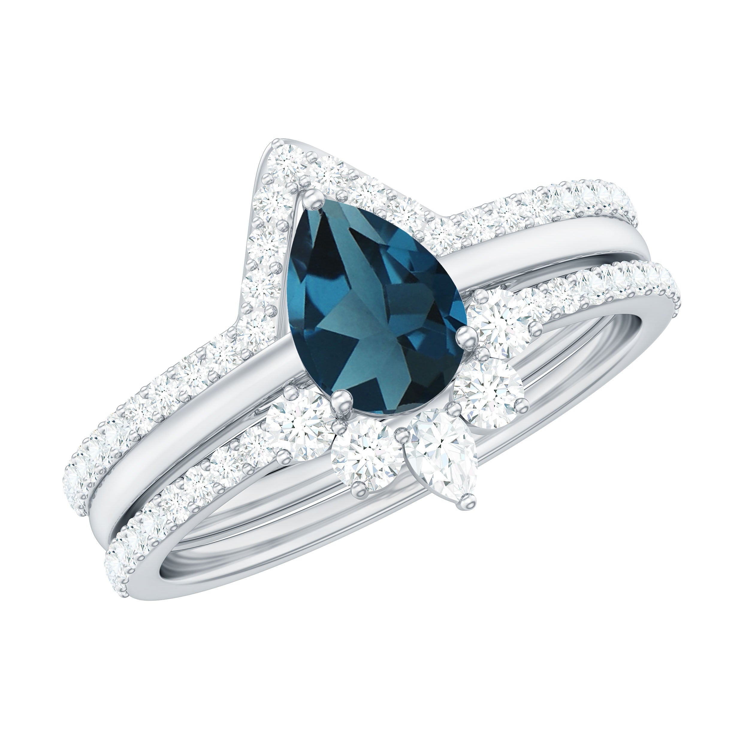 Rosec Jewels-Pear Shape London Blue Topaz and Diamond Trio Ring Set
