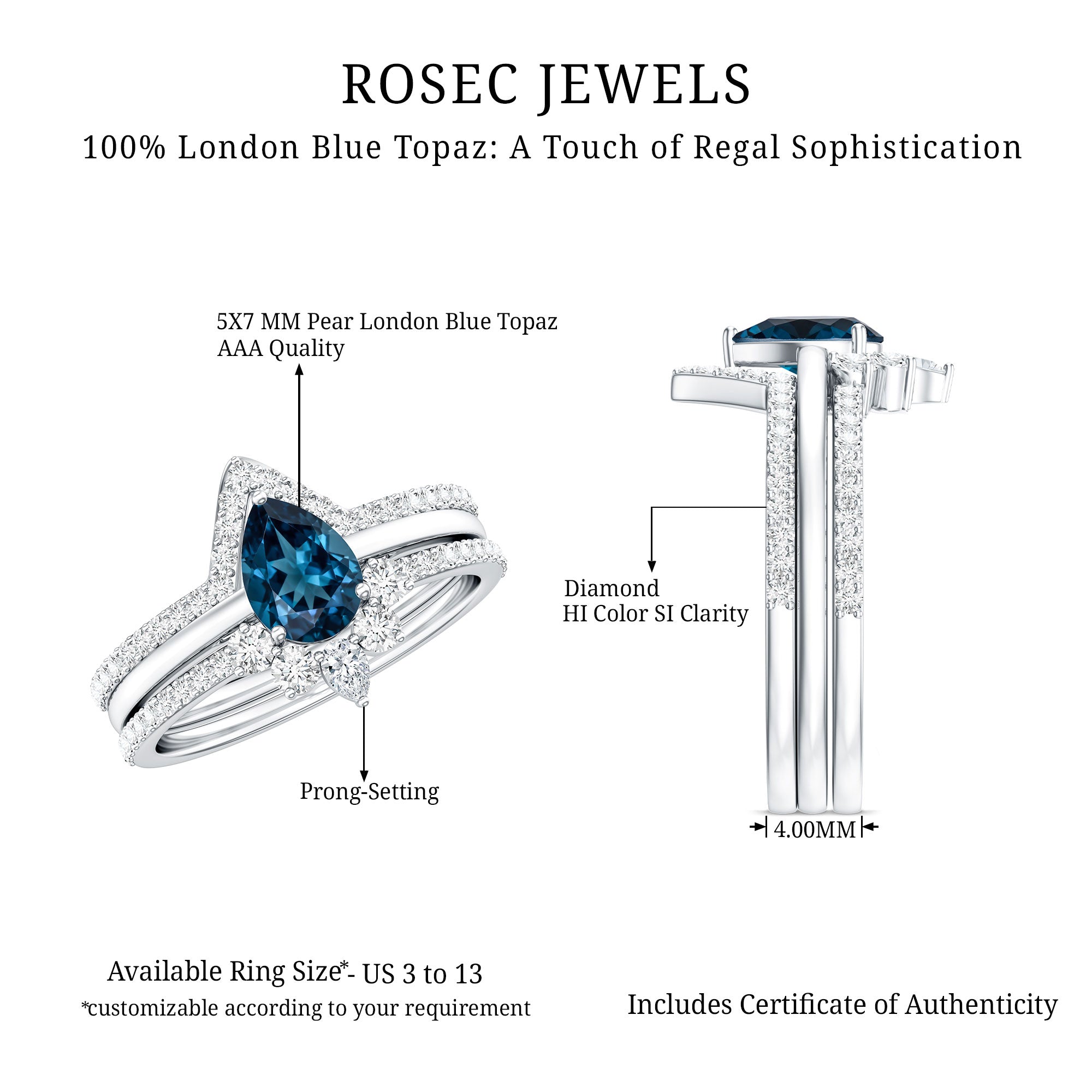 Pear Shape London Blue Topaz and Diamond Trio Ring Set AAA - Rosec Jewels