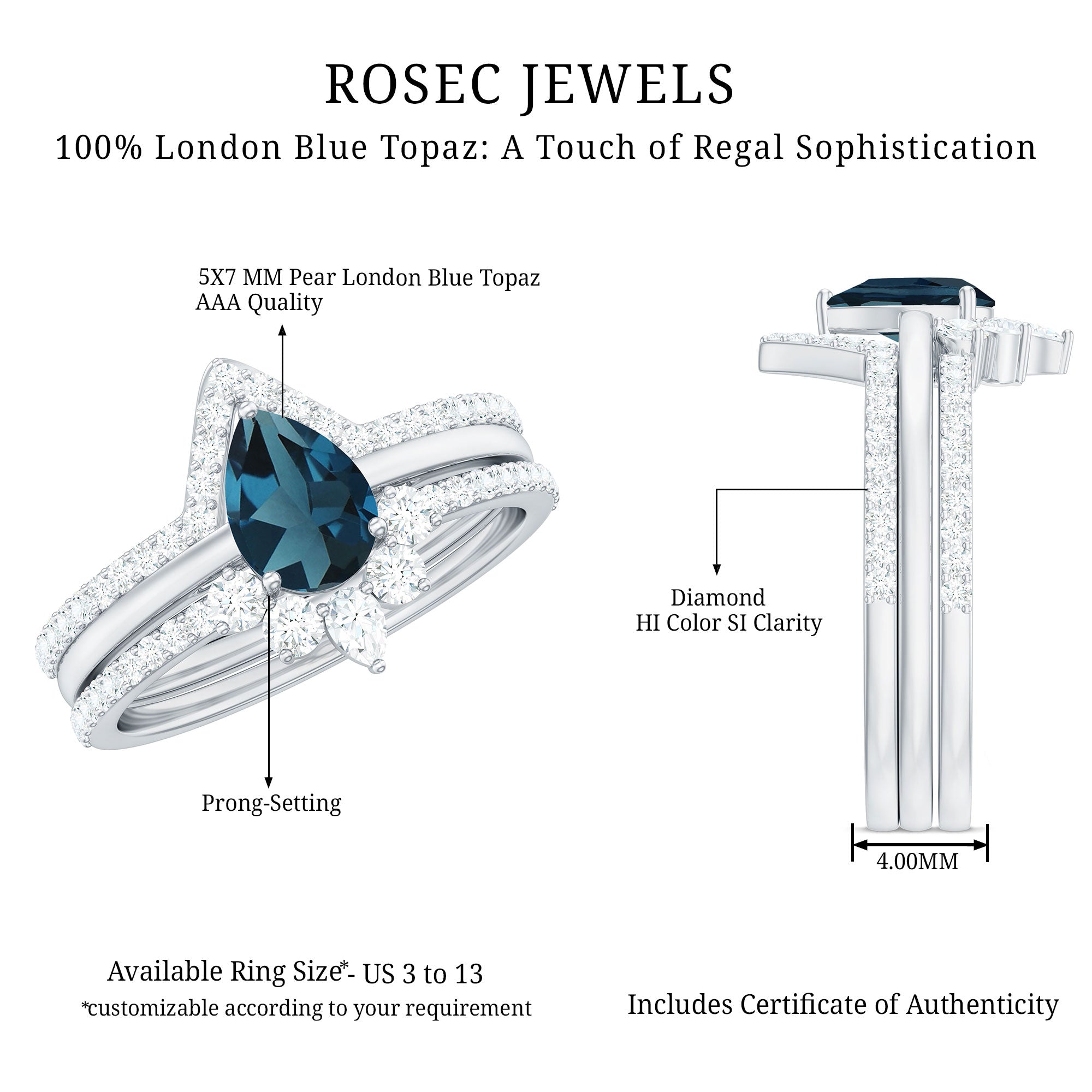 Rosec Jewels-Pear Shape London Blue Topaz and Diamond Trio Ring Set