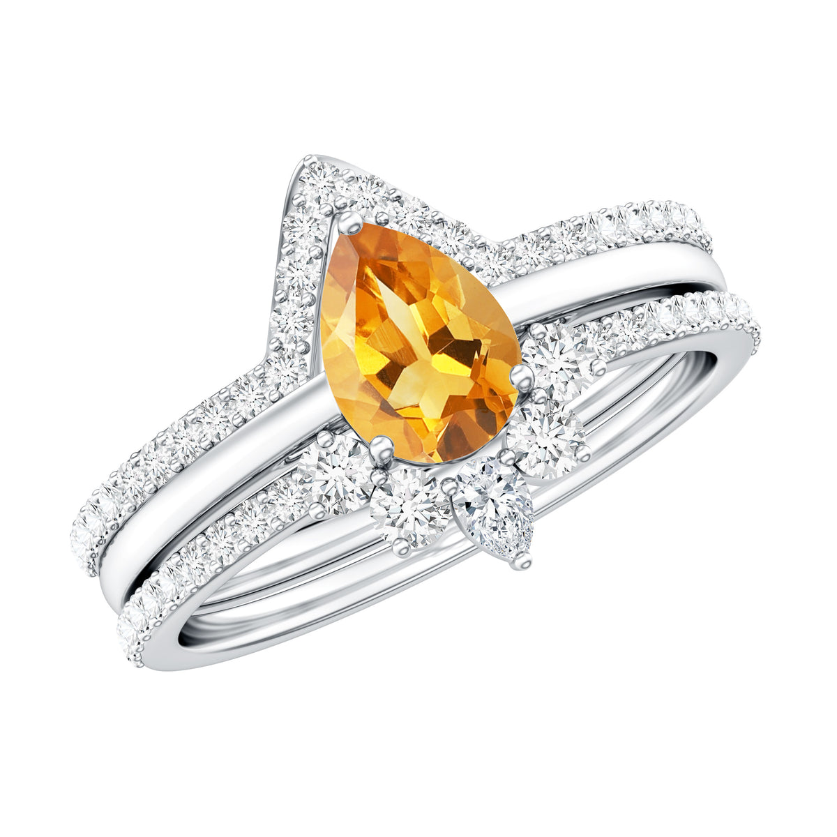 Natural 0.6 Carat Pear Shape Citrine Wedding Bridal Ring Set of 3 with Certificate AAA - Rosec Jewels