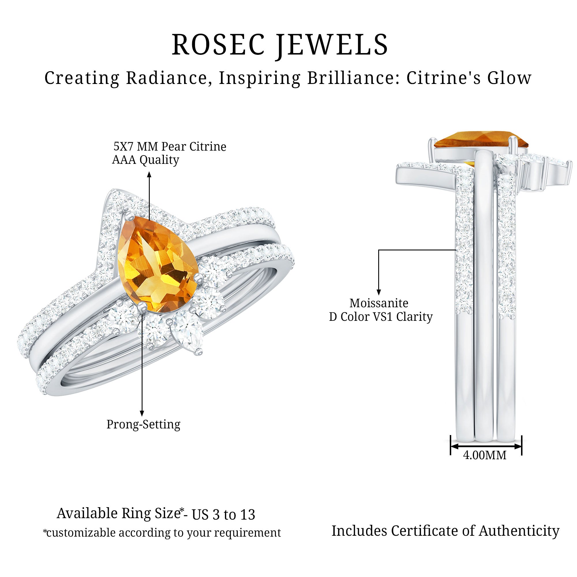 Rosec Jewels-Natural Pear Shape Citrine Wedding Bridal Ring Set of 3 with Certificate
