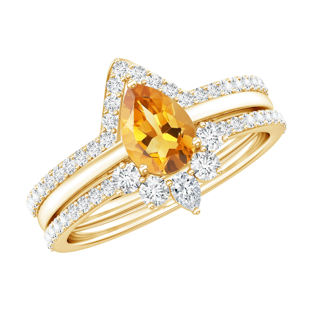 Natural 0.6 Carat Pear Shape Citrine Wedding Bridal Ring Set of 3 with Certificate AAA - Rosec Jewels