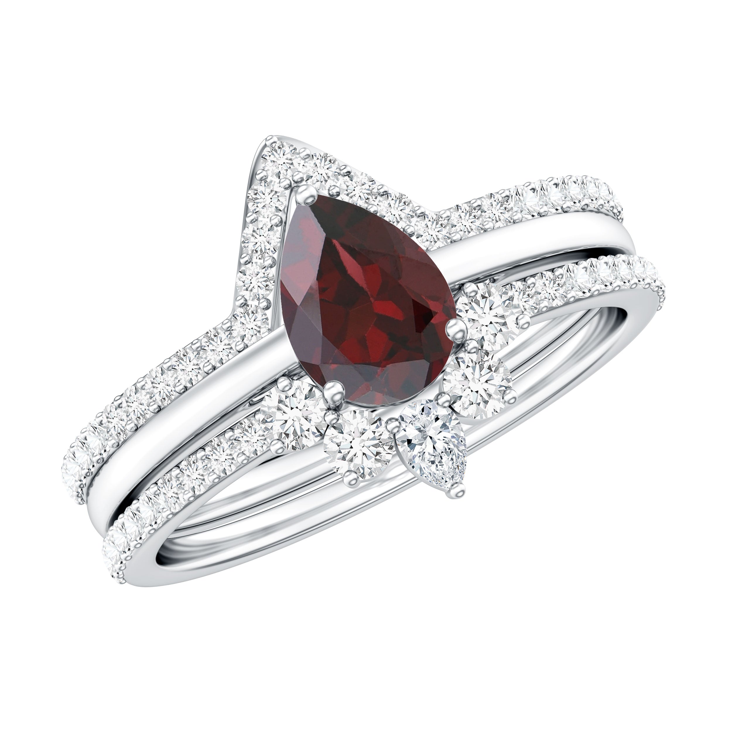 Natural 0.8 Carat Pear Shaped Garnet Diamond 3 Piece Bridal Ring Set AAA - Rosec Jewels